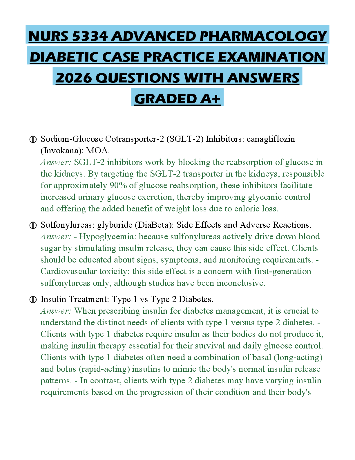 Recommended document preview for NURS 5334 ADVANCED PHARMACOLOGY DIABETIC CASE PRACTICE EXAMINATION 2026 QUESTIONS WITH ANSWERS GRADED A+