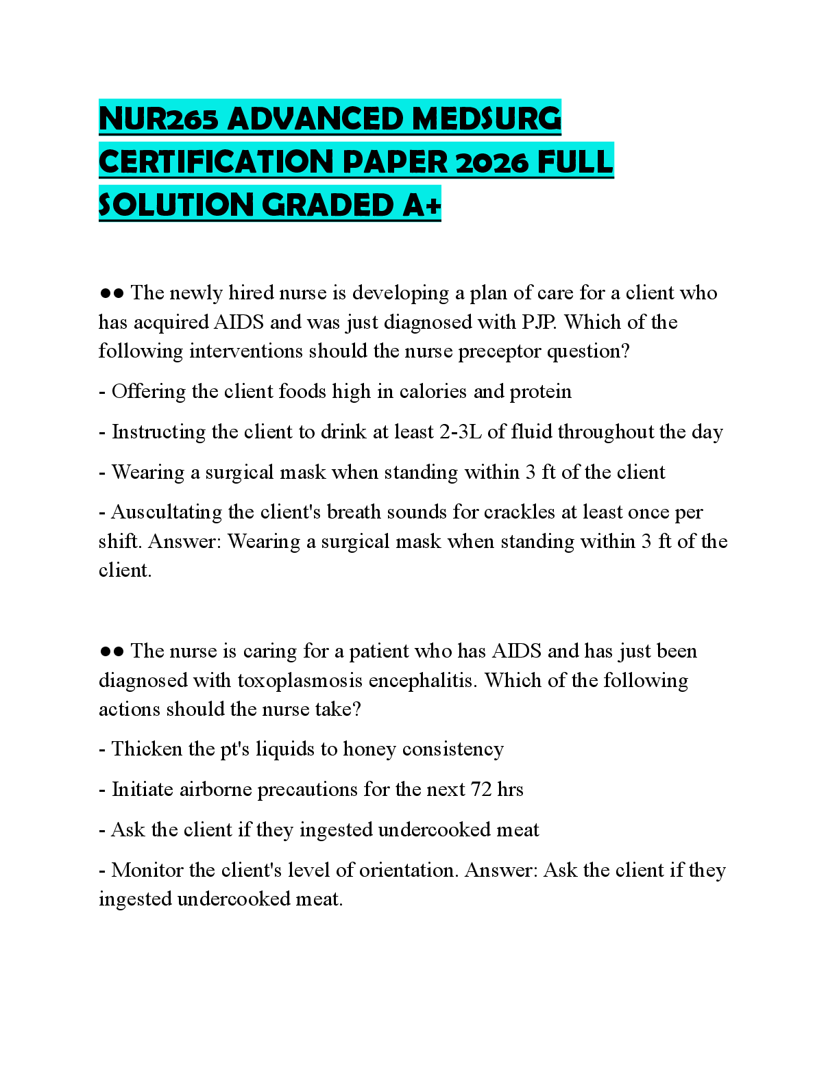 Recommended document preview for NUR265 ADVANCED MEDSURG CERTIFICATION PAPER 2026 FULL SOLUTION GRADED A+