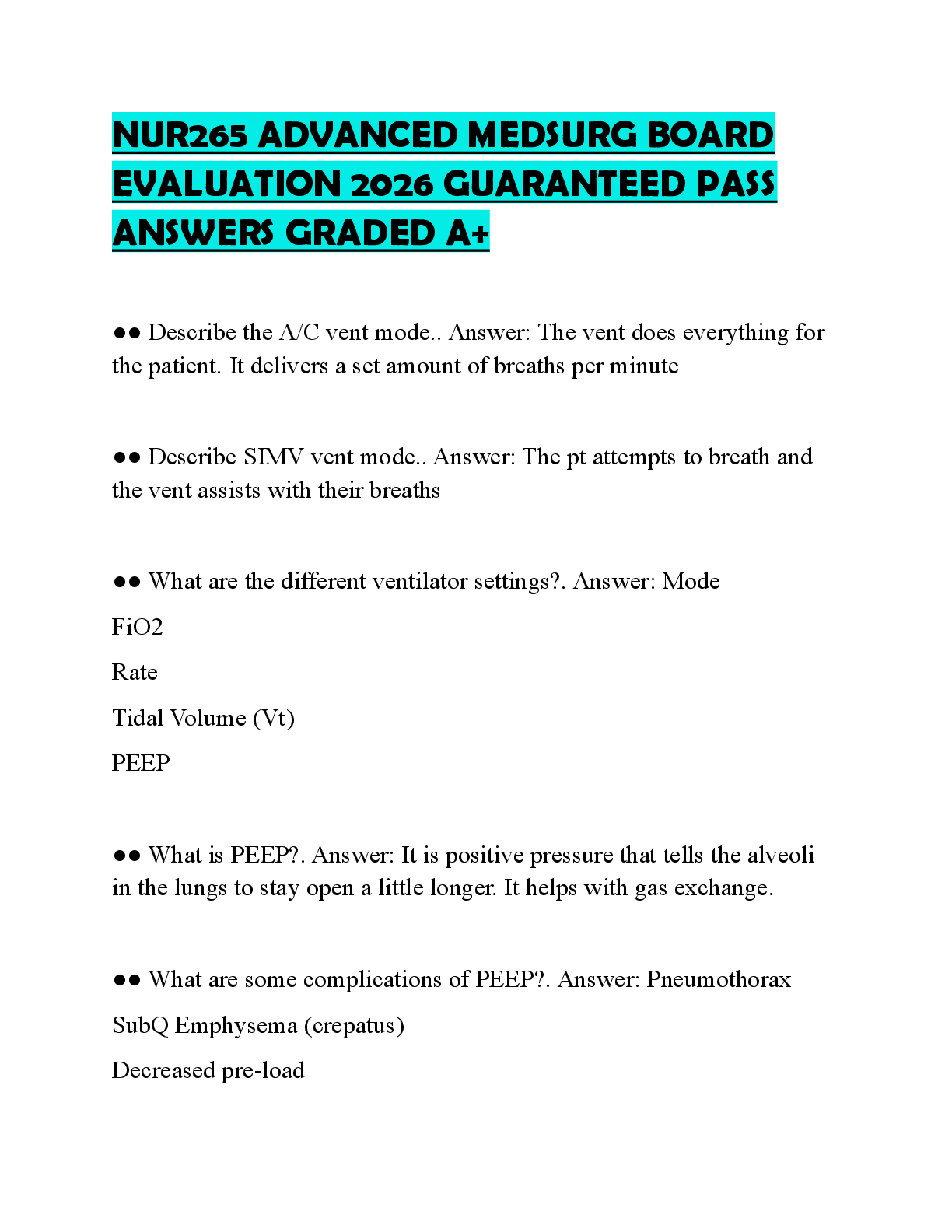 Recommended document preview for NUR265 ADVANCED MEDSURG BOARD EVALUATION 2026 GUARANTEED PASS ANSWERS GRADED A+