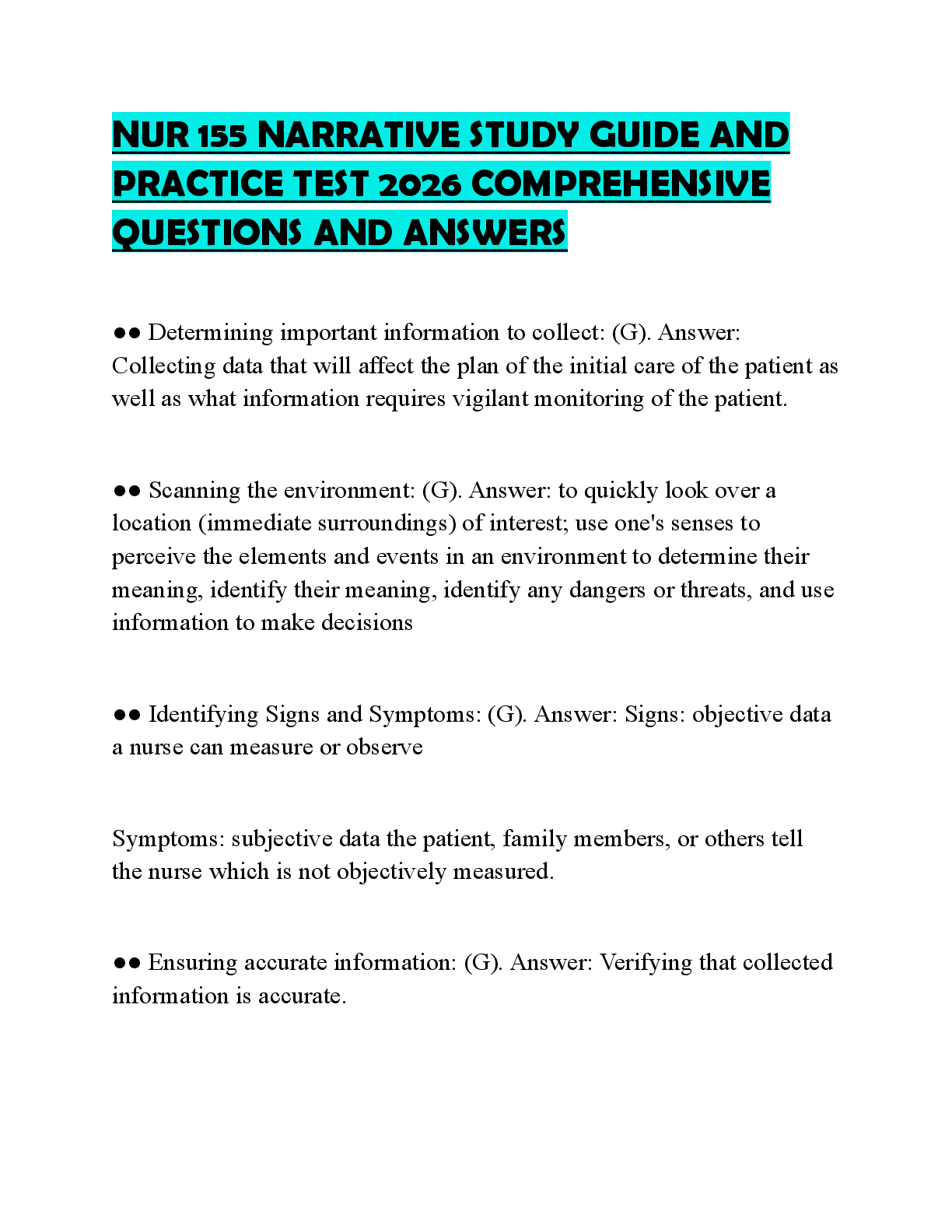 Recommended document preview for NUR 155 NARRATIVE STUDY GUIDE AND PRACTICE TEST 2026 COMPREHENSIVE QUESTIONS AND ANSWERS