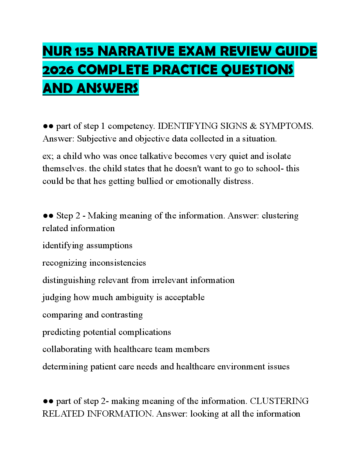 Recommended document preview for NUR 155 NARRATIVE EXAM REVIEW GUIDE 2026 COMPLETE PRACTICE QUESTIONS AND ANSWERS