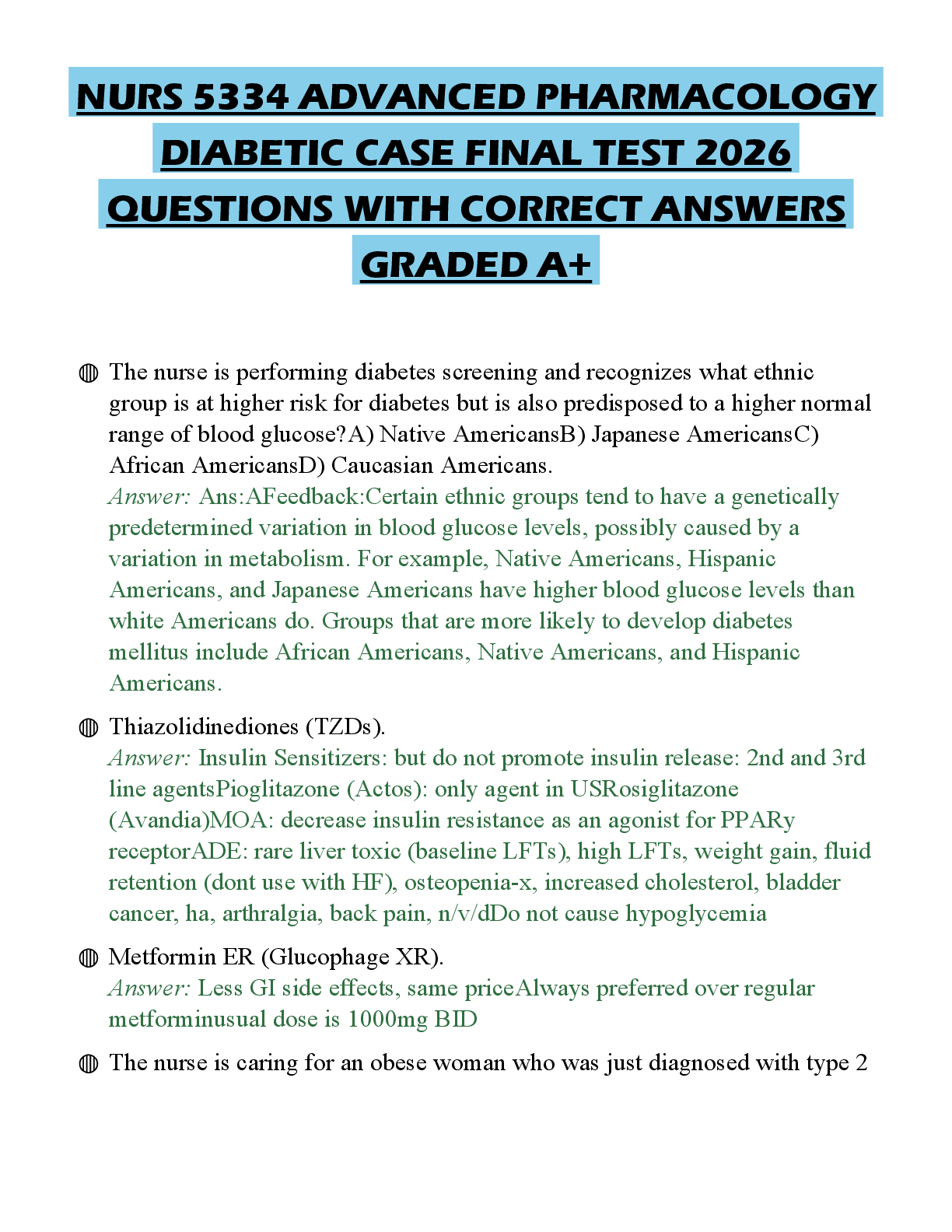 Recommended document preview for NURS 5334 ADVANCED PHARMACOLOGY DIABETIC CASE FINAL TEST 2026 QUESTIONS WITH CORRECT ANSWERS GRADED A+