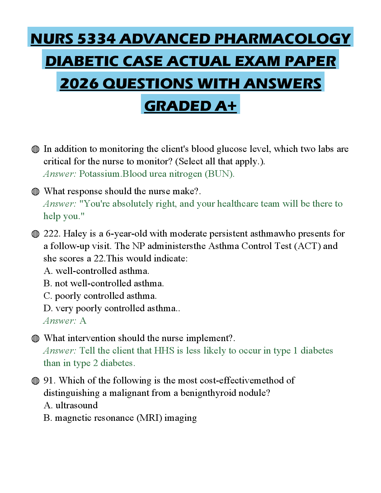 Recommended document preview for NURS 5334 ADVANCED PHARMACOLOGY DIABETIC CASE ACTUAL EXAM PAPER 2026 QUESTIONS WITH ANSWERS