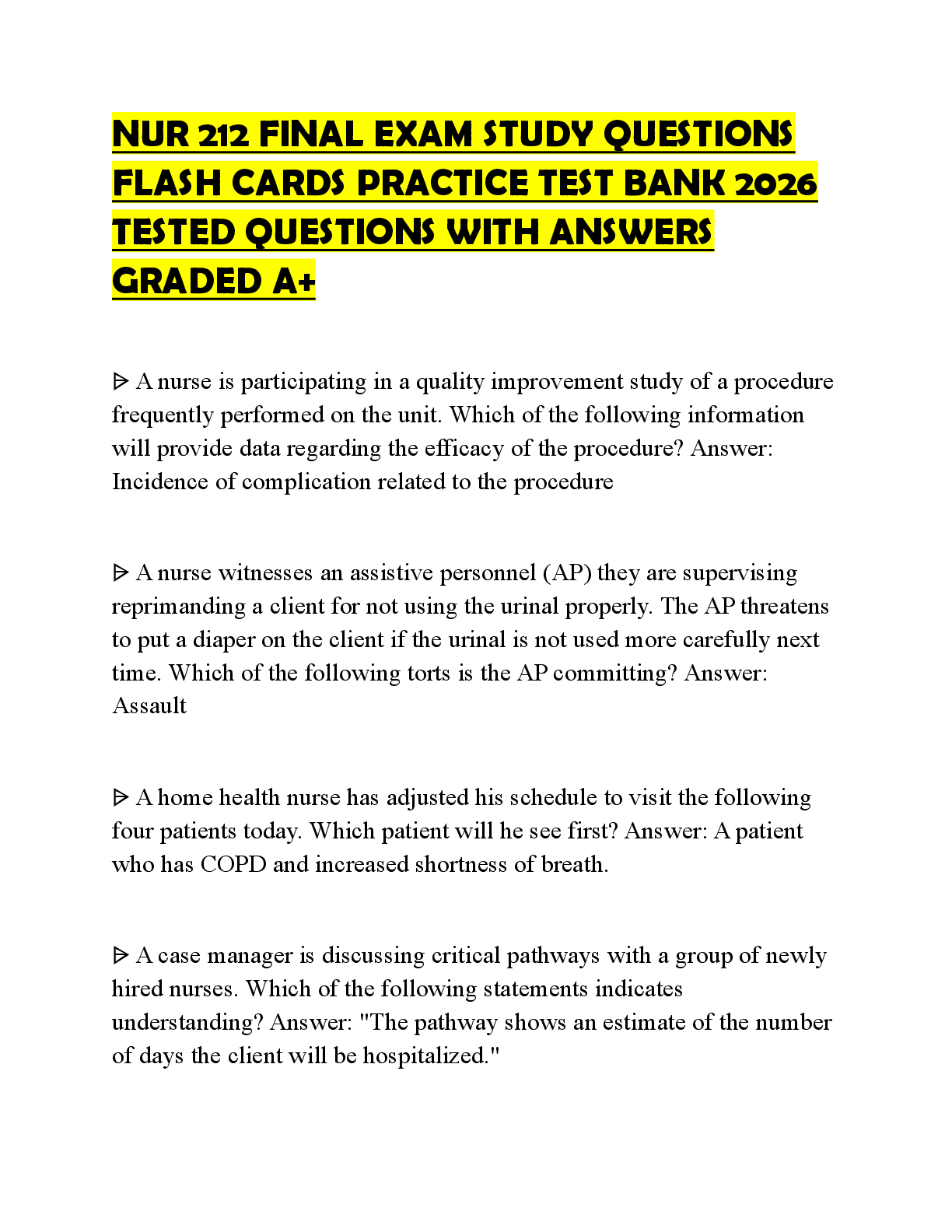 Recommended document preview for NUR 212 FINAL EXAM STUDY QUESTIONS FLASH CARDS PRACTICE TEST BANK 2026 TESTED QUESTIONS WITH ANSWERS GRADED A+