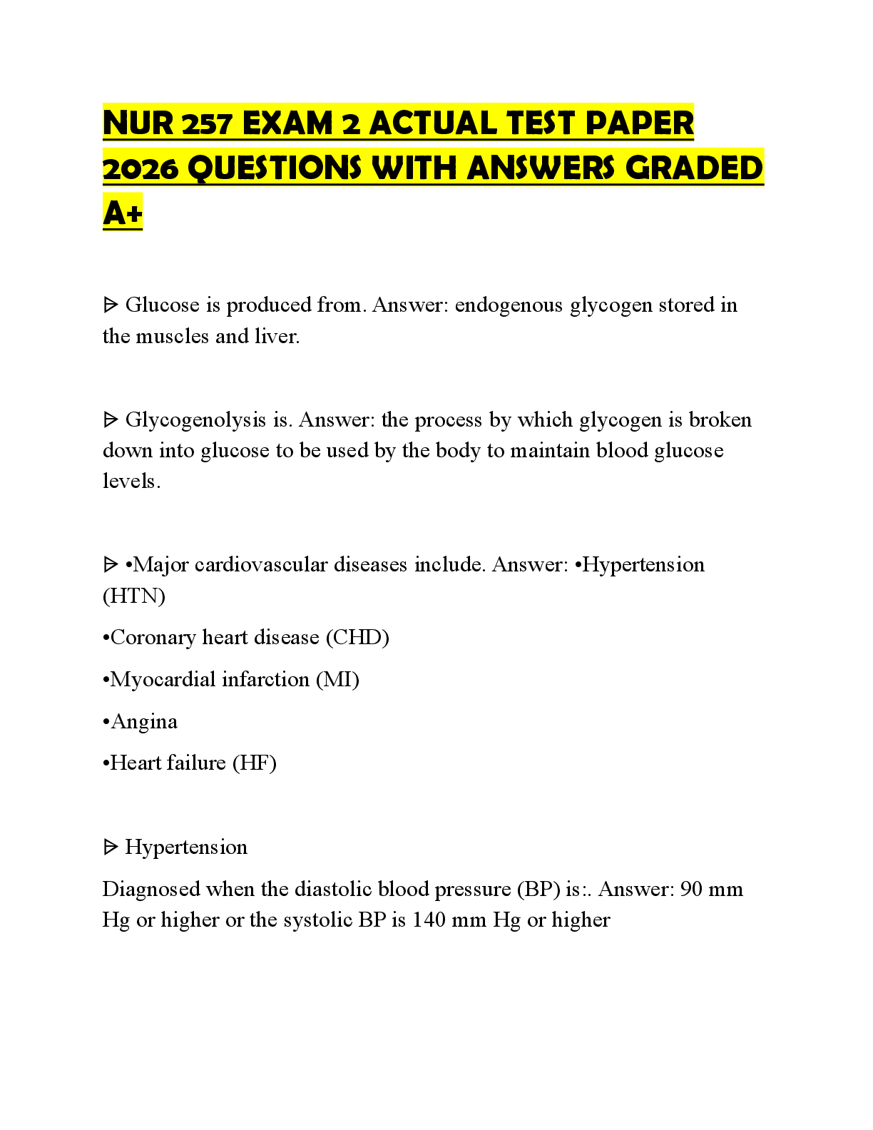 Preview of NUR 257 EXAM 2 ACTUAL TEST PAPER 2026 QUESTIONS WITH ANSWERS GRADED A+