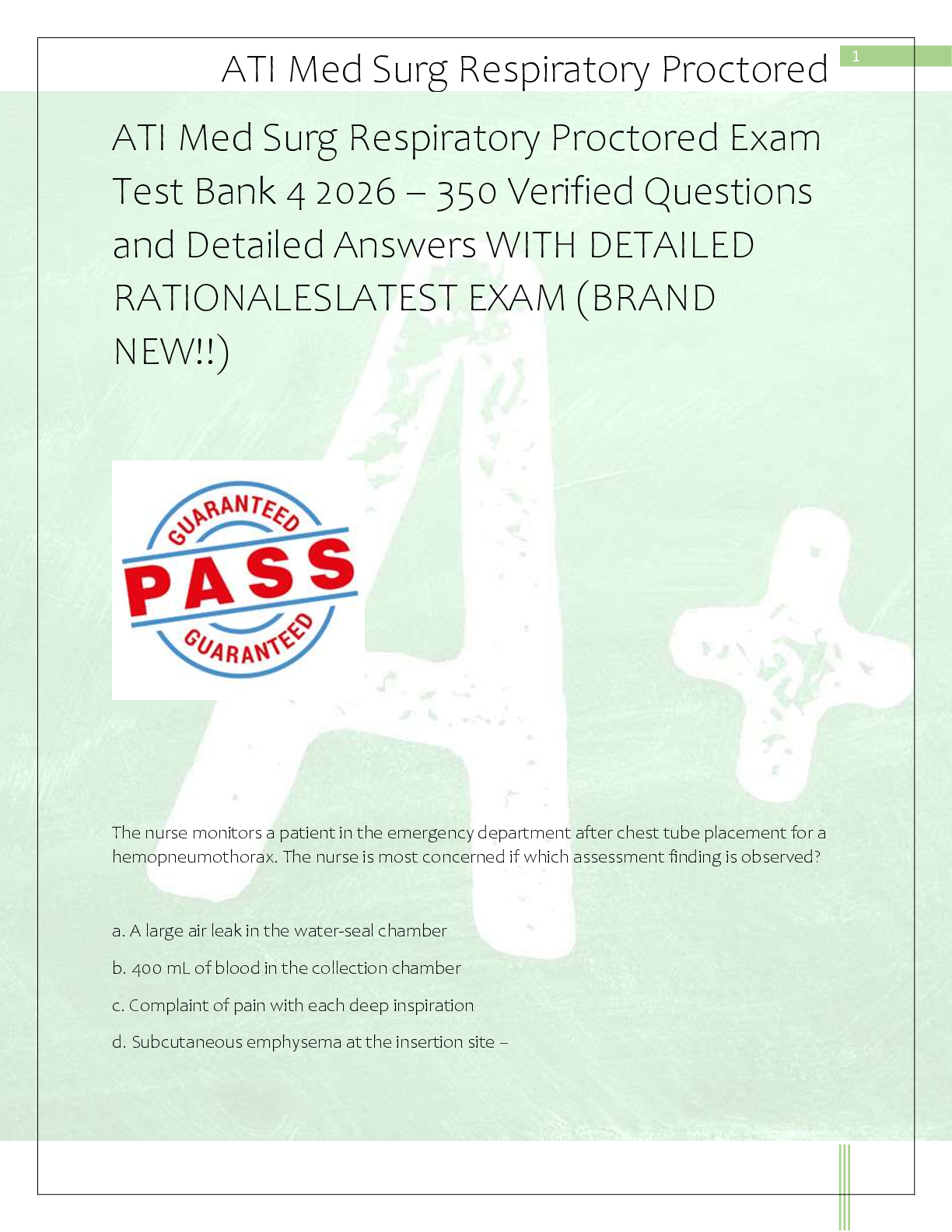 Recommended document preview for ATI Med Surg Respiratory Proctored Exam  Test Bank 4 2026 – 350 Verified Questions  and Detailed Answers WITH DETAILED  RATIONALESLATEST EXAM (BRAND  NEW!!)