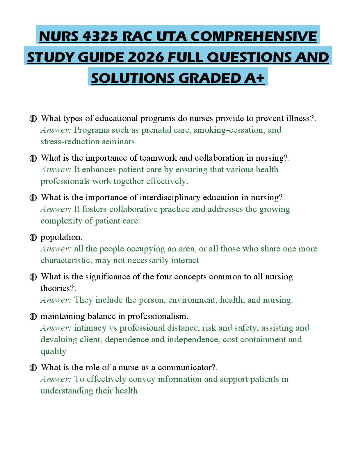 Recommended document preview for NURS 4325 RAC UTA COMPREHENSIVE STUDY GUIDE 2026 FULL QUESTIONS AND SOLUTIONS GRADED A+