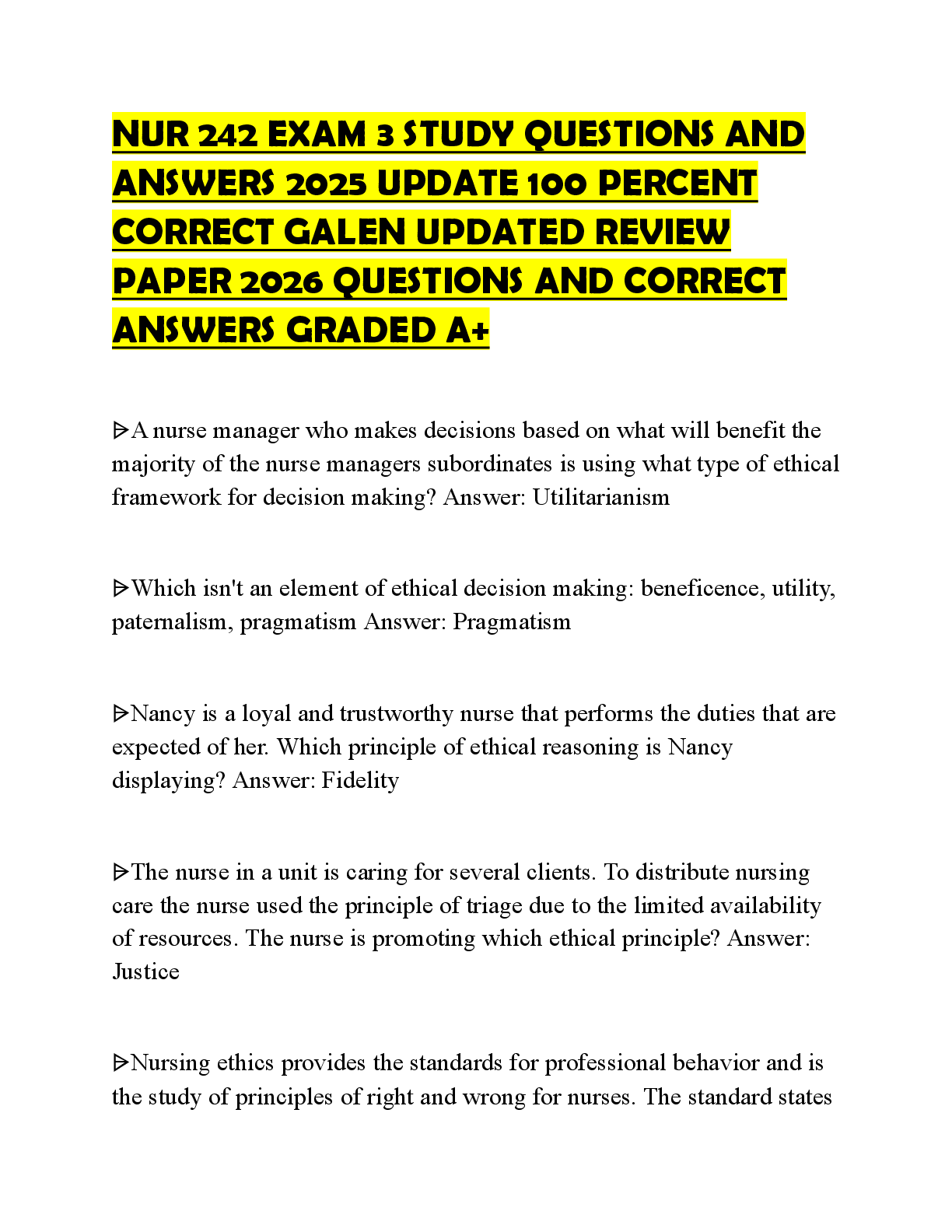 Preview of NUR 242 EXAM 3 STUDY QUESTIONS AND ANSWERS 2025 UPDATE 100 PERCENT CORRECT GALEN UPDATED R