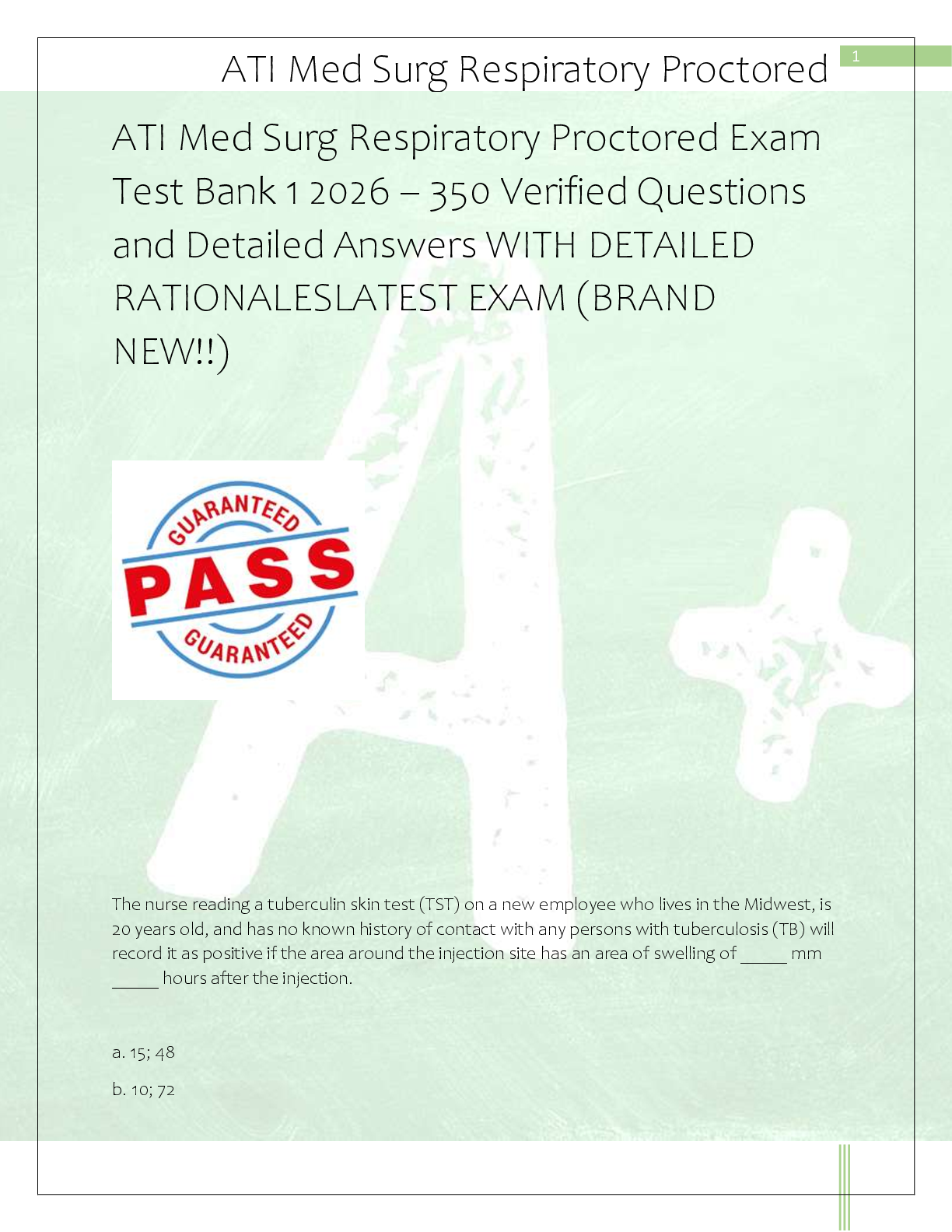 Recommended document preview for ATI Med Surg Respiratory Proctored Exam  Test Bank 1 2026 – 350 Verified Questions  and Detailed Answers WITH DETAILED  RATIONALESLATEST EXAM (BRAND  NEW!!)