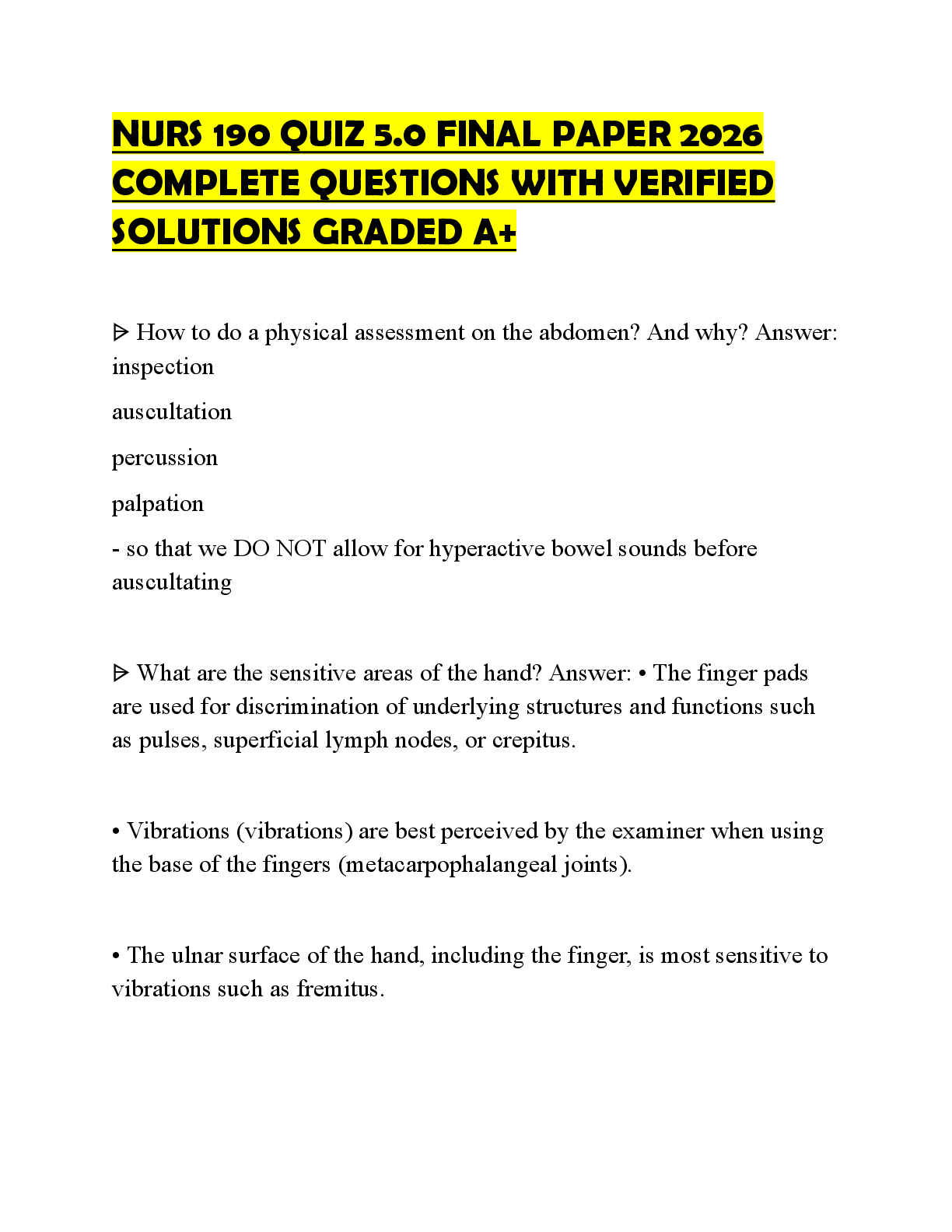 Preview of NURS 190 QUIZ 5.0 FINAL PAPER 2026 COMPLETE QUESTIONS WITH VERIFIED SOLUTIONS GRADED A+