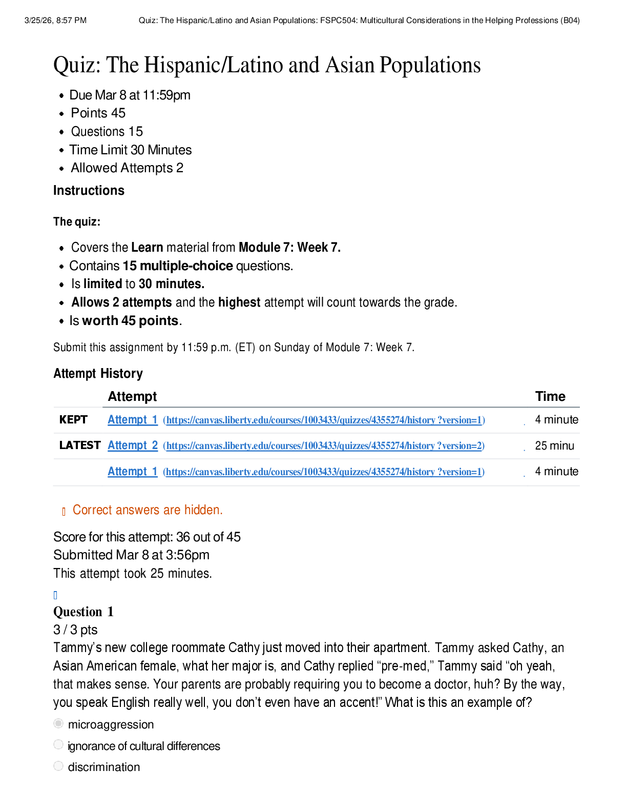 COUC 504 Quiz: The Hispanic/Latino and Asian Populations | Score 36/45 | Liberty University