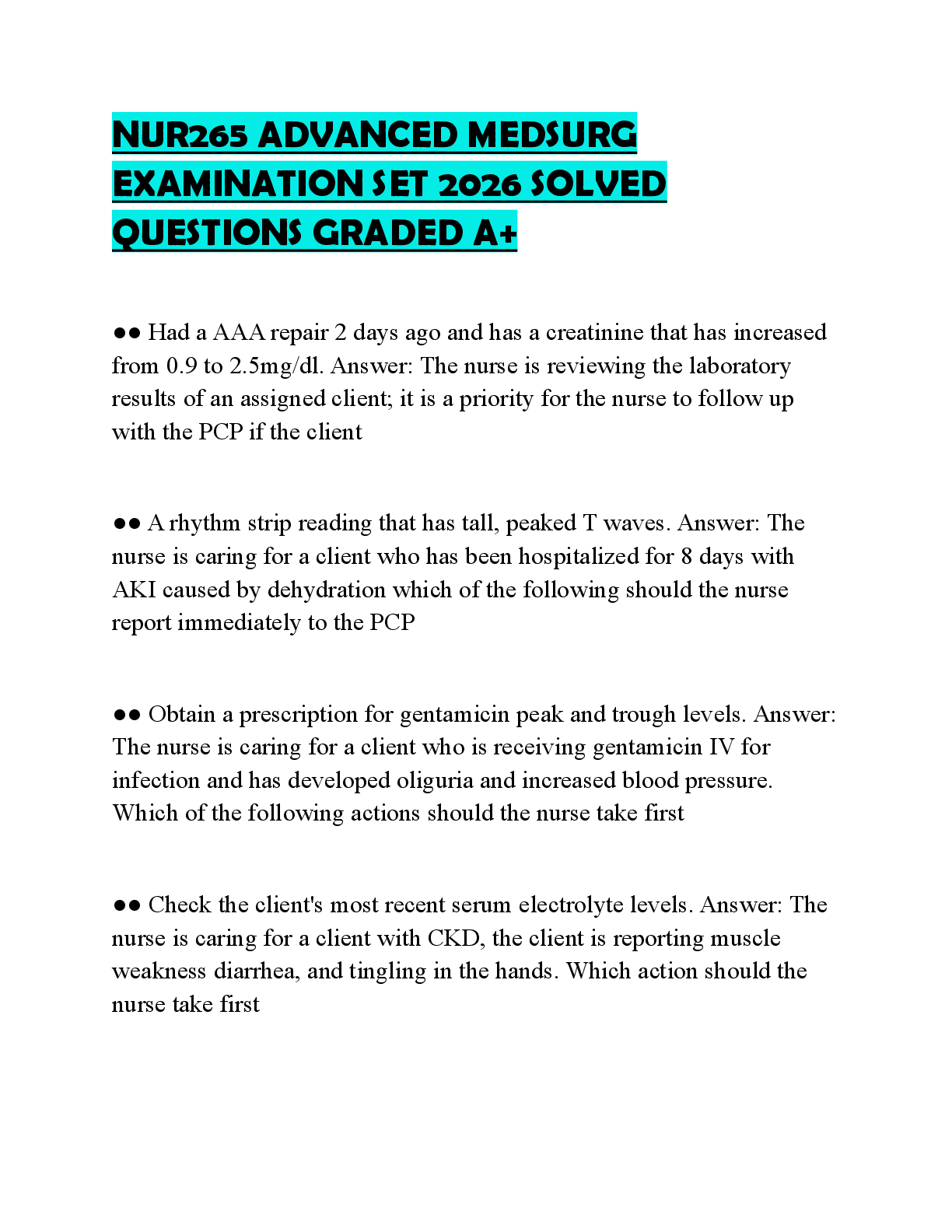 Recommended document preview for NUR265 ADVANCED MEDSURG EXAMINATION SET 2026 SOLVED QUESTIONS GRADED A+