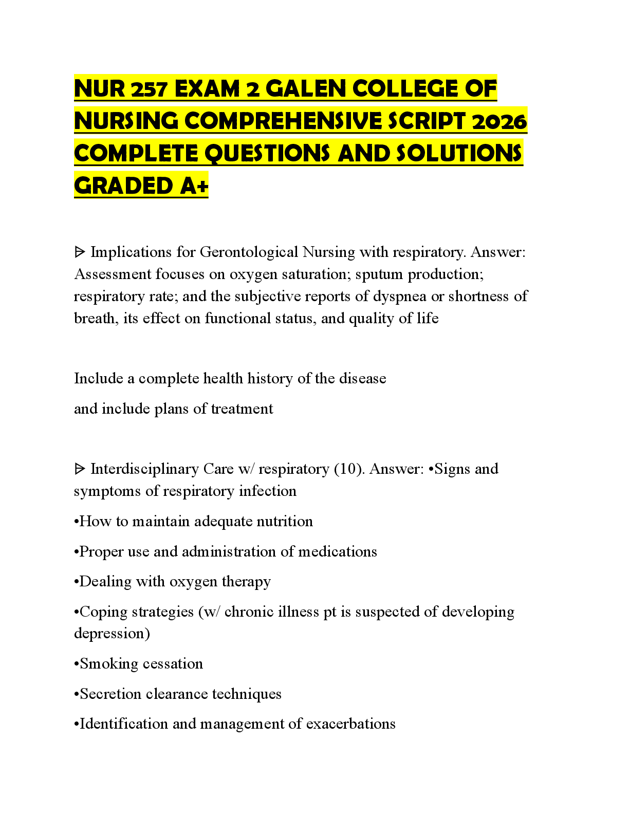 Preview of NUR 257 EXAM 2 GALEN COLLEGE OF NURSING COMPREHENSIVE SCRIPT 2026 COMPLETE QUESTIONS AND S