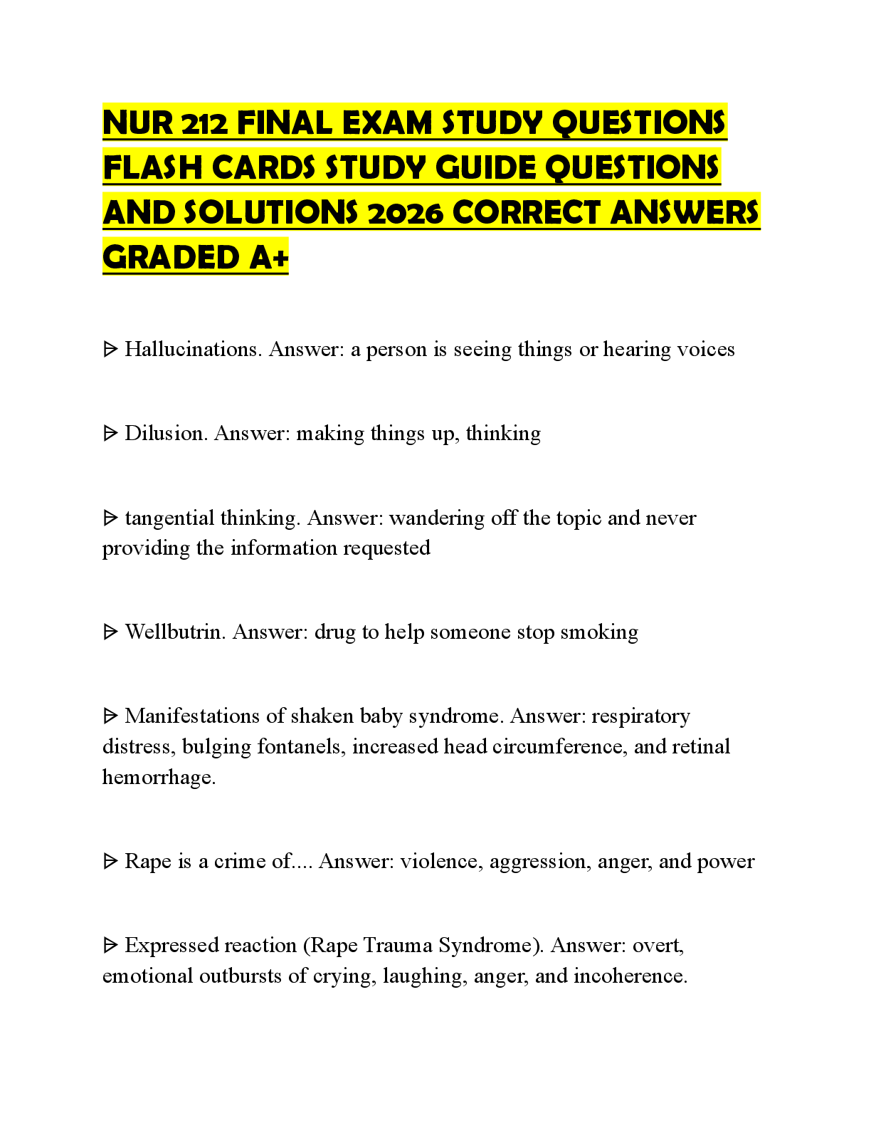 Recommended document preview for NUR 212 FINAL EXAM STUDY QUESTIONS FLASH CARDS STUDY GUIDE QUESTIONS AND SOLUTIONS 2026 CORRECT ANSWERS GRADED A+