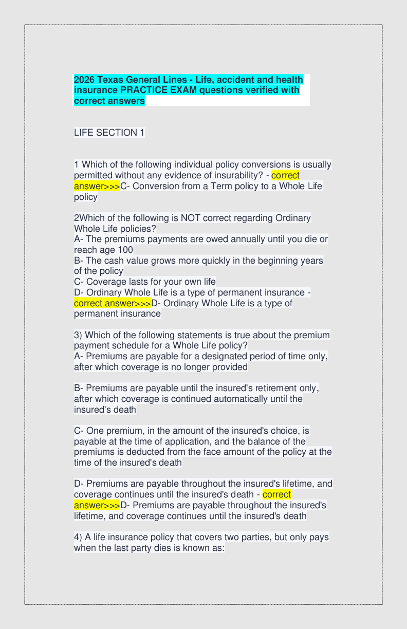Recommended document preview for 2026 Texas General Lines - Life, accident and health insurance PRACTICE EXAM questions verified with correct answers