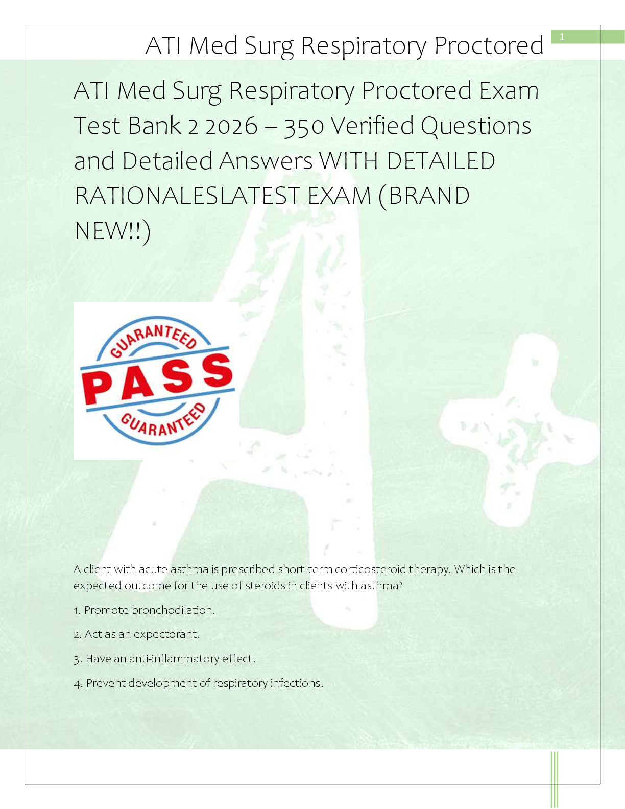 Recommended document preview for ATI Med Surg Respiratory Proctored Exam  Test Bank 2 2026 – 350 Verified Questions  and Detailed Answers WITH DETAILED  RATIONALESLATEST EXAM (BRAND  NEW!!)