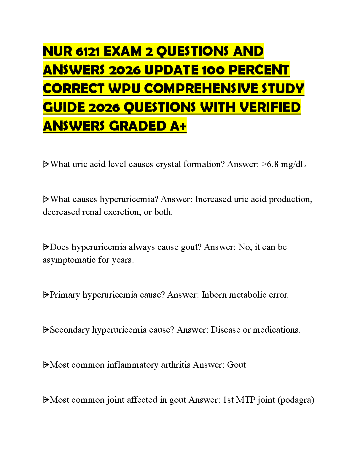 Recommended document preview for NUR 6121 EXAM 2 QUESTIONS AND ANSWERS 2026 UPDATE 100 PERCENT CORRECT WPU TEST BANK COLLECTION 2026 COMPLETE SOLUTIONS GRADED A+