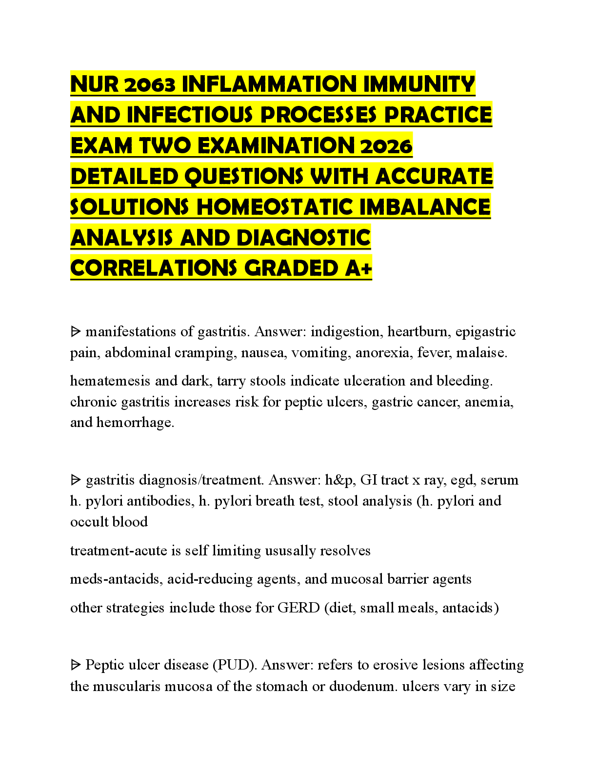 Preview of NUR 2063 INFLAMMATION IMMUNITY AND INFECTIOUS PROCESSES PRACTICE EXAM TWO EXAMINATION 2026