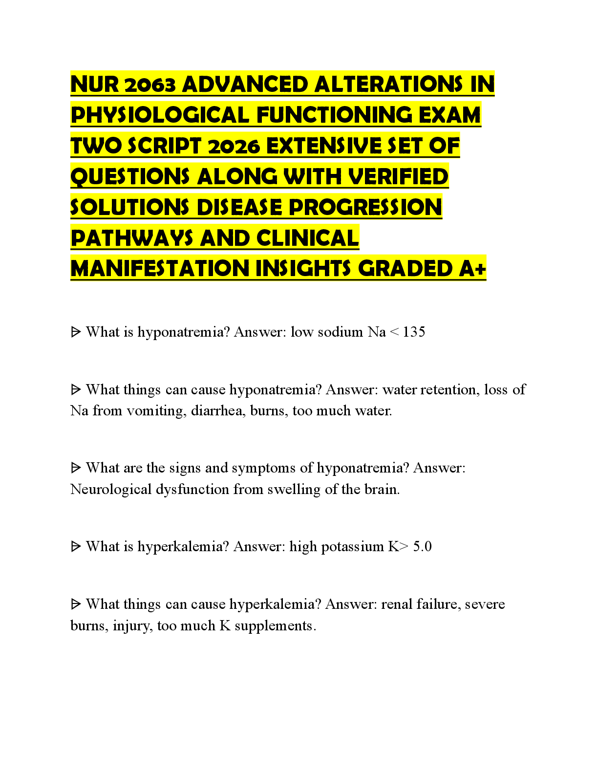 Preview of NUR 2063 ADVANCED ALTERATIONS IN PHYSIOLOGICAL FUNCTIONING EXAM TWO SCRIPT 2026 EXTENSIVE