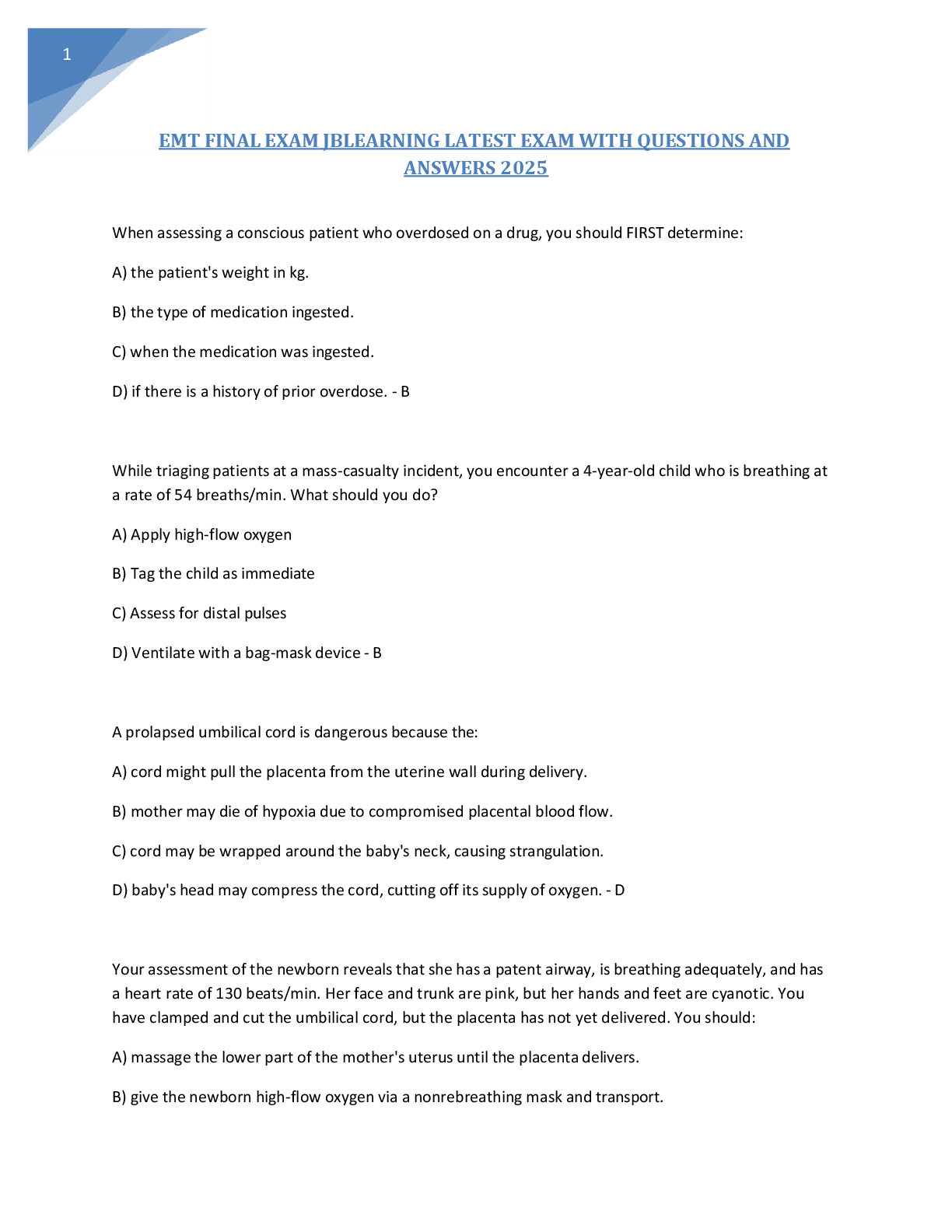 Preview of EMT FINAL EXAM JBLEARNING LATEST EXAM WITH QUESTIONS AND  ANSWERS 2025