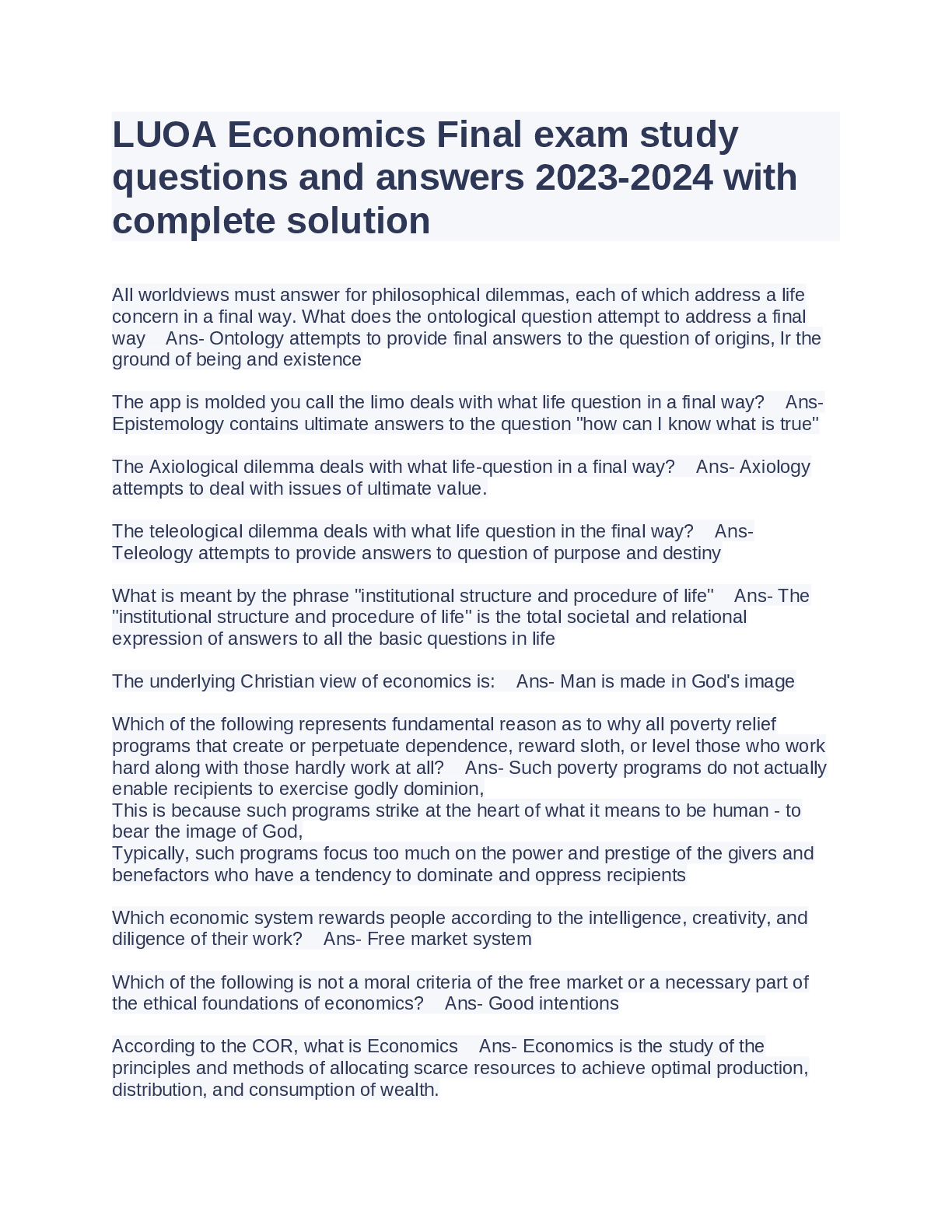 Preview image for LUOA Economics Final exam study  questions and answers 2023-2024 with  complete solution