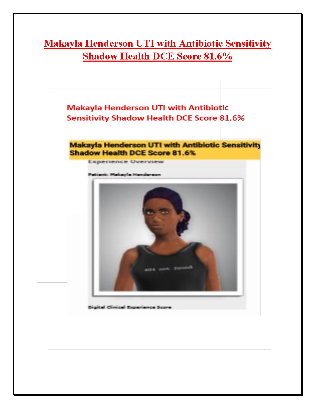 Preview of Makayla Henderson UTI with Antibiotic Sensitivity Shadow Health DCE Score 81.6%