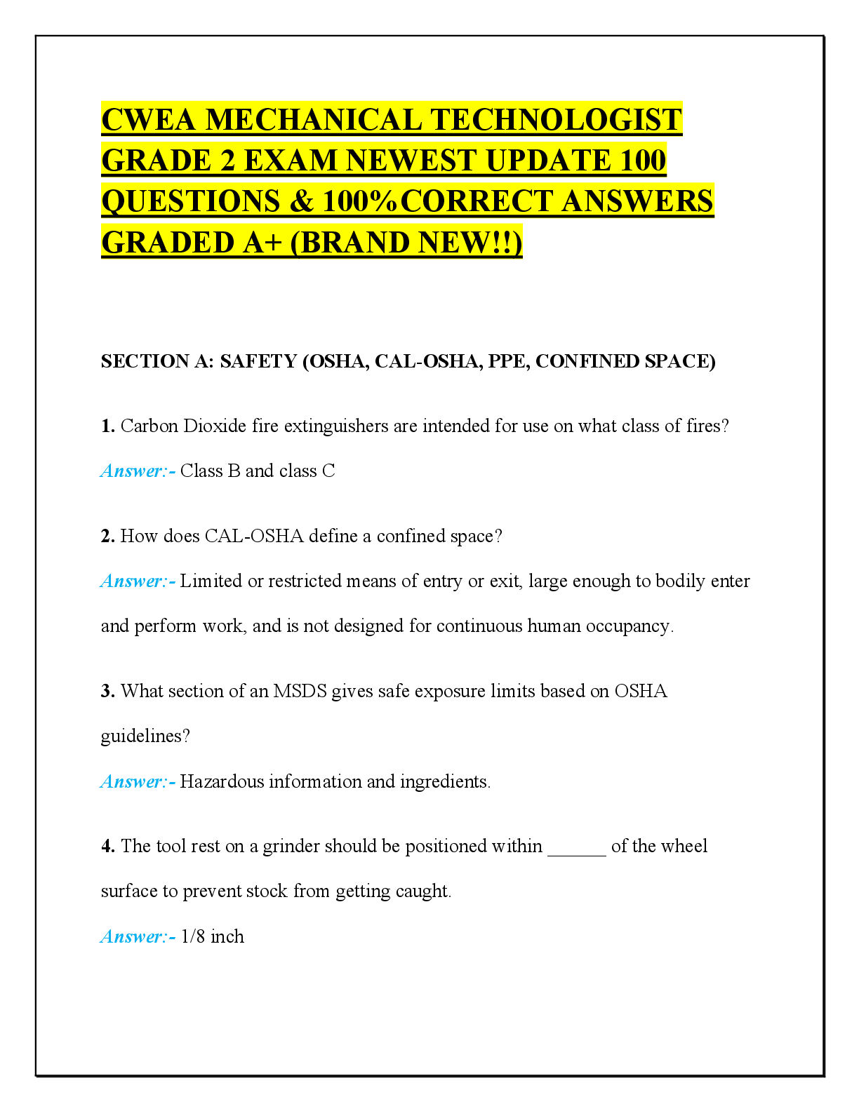 Recommended document preview for CWEA MECHANICAL TECHNOLOGIST  GRADE 2 EXAM NEWEST UPDATE 100  QUESTIONS & 100%CORRECT ANSWERS  GRADED A+ (BRAND NEW!!)