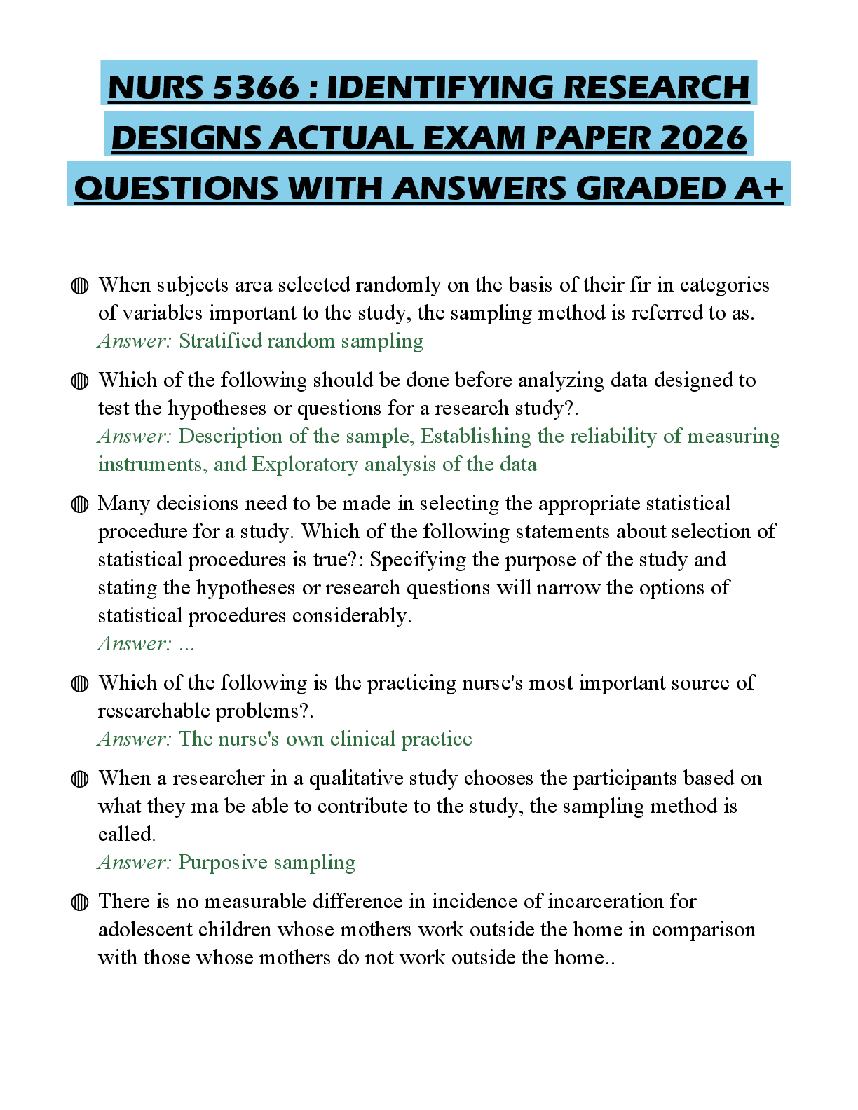 Preview of NURS 5366 : IDENTIFYING RESEARCH DESIGNS ACTUAL EXAM PAPER 2026 QUESTIONS WITH ANSWERS GRA