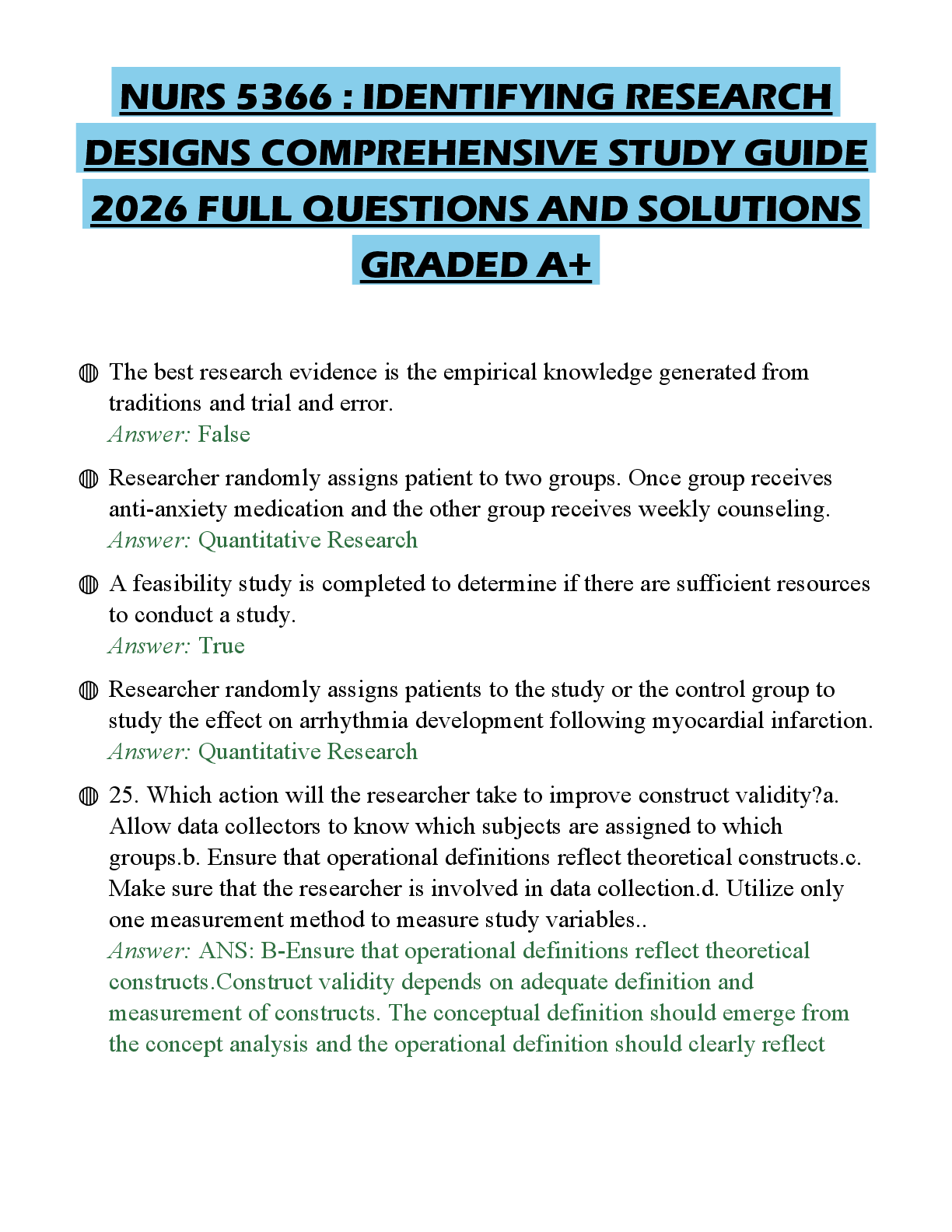 Recommended document preview for NURS 5366 : IDENTIFYING RESEARCH DESIGNS COMPREHENSIVE STUDY GUIDE 2026 FULL QUESTIONS AND SOLUTIONS GRADED A+