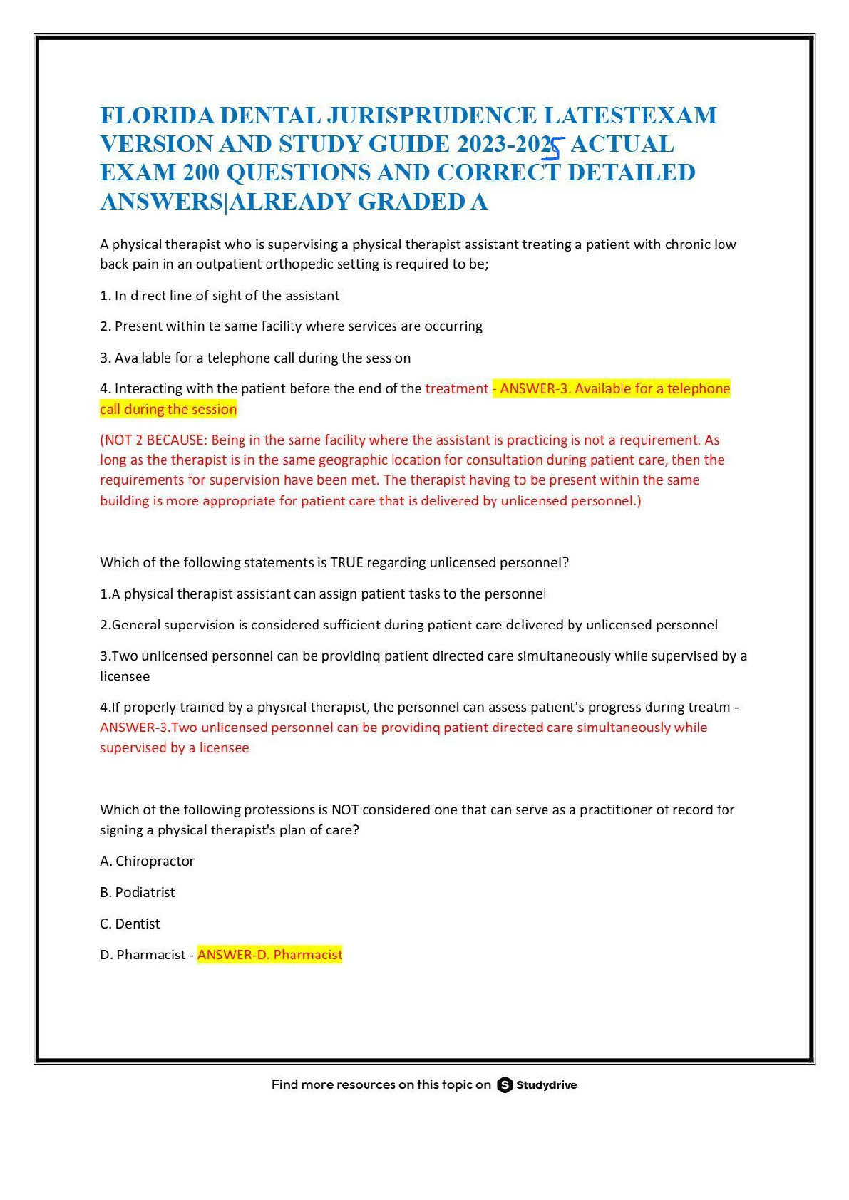 Preview image for FLORIDA DENTAL JURISPRUDENCE LATESTEXAM VERSION AND STUDY GUIDE 2023-2025 ACTUAL EXAM 200 QUESTIONS AND CORRECT DETAILED ANSWERS|ALREADY GRADED A