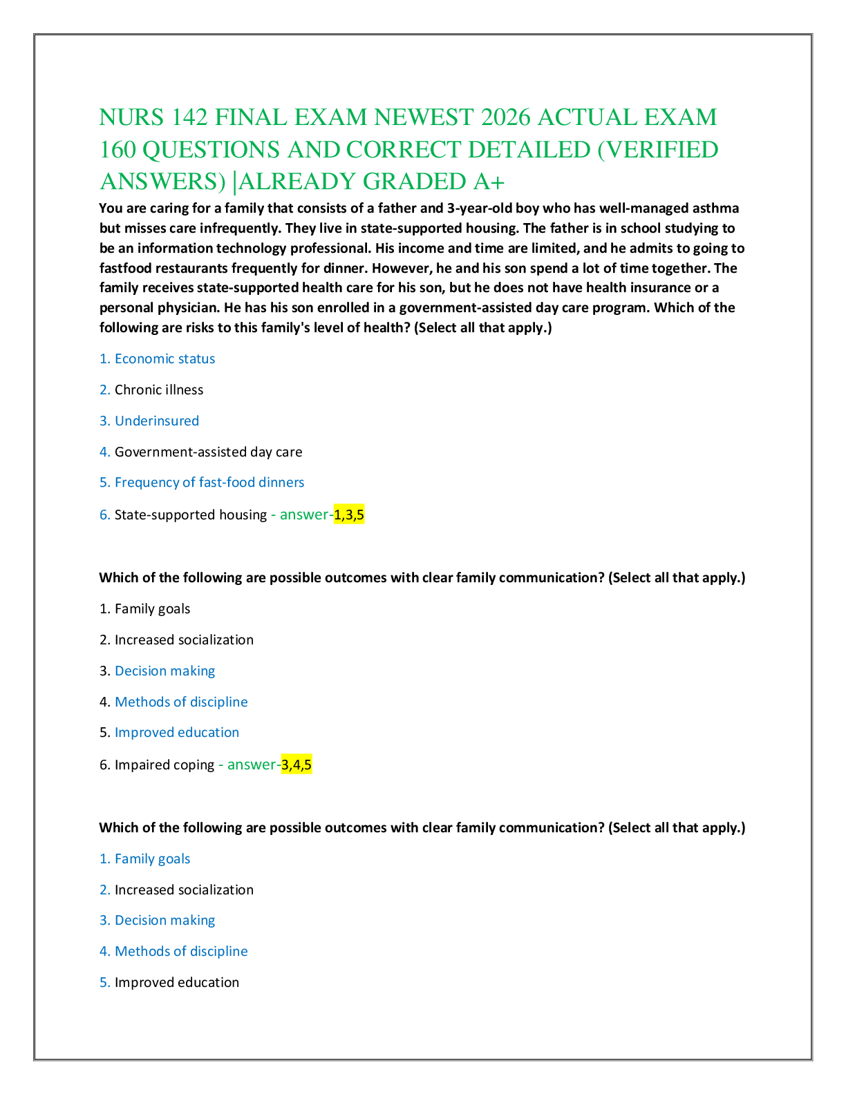 Recommended document preview for NURS 142 FINAL EXAM NEWEST 2026 ACTUAL EXAM   160 QUESTIONS AND CORRECT DETAILED (VERIFIED  ANSWERS) |ALREADY GRADED A+