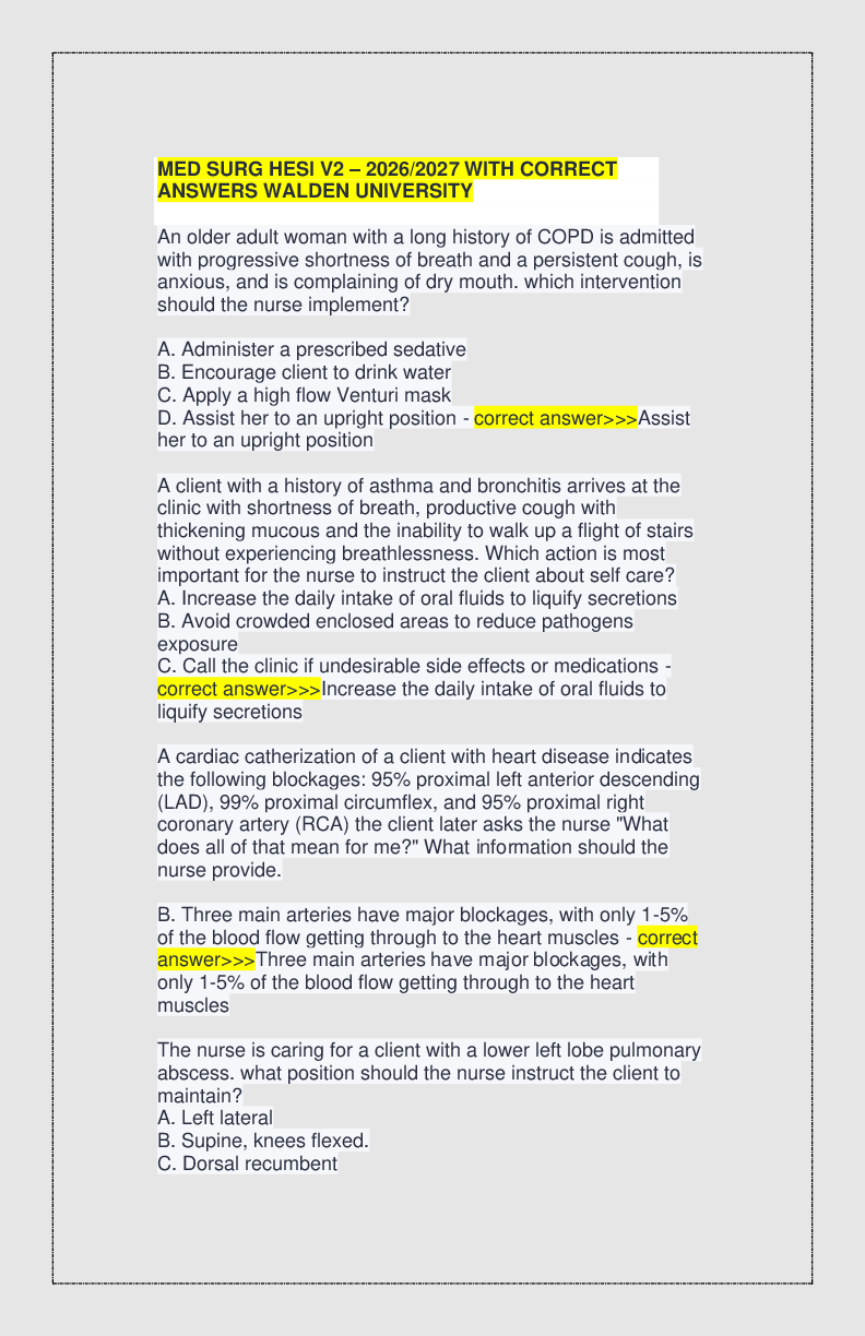 Recommended document preview for MED SURG HESI V2 – 2026/2027 WITH CORRECT ANSWERS WALDEN UNIVERSITY