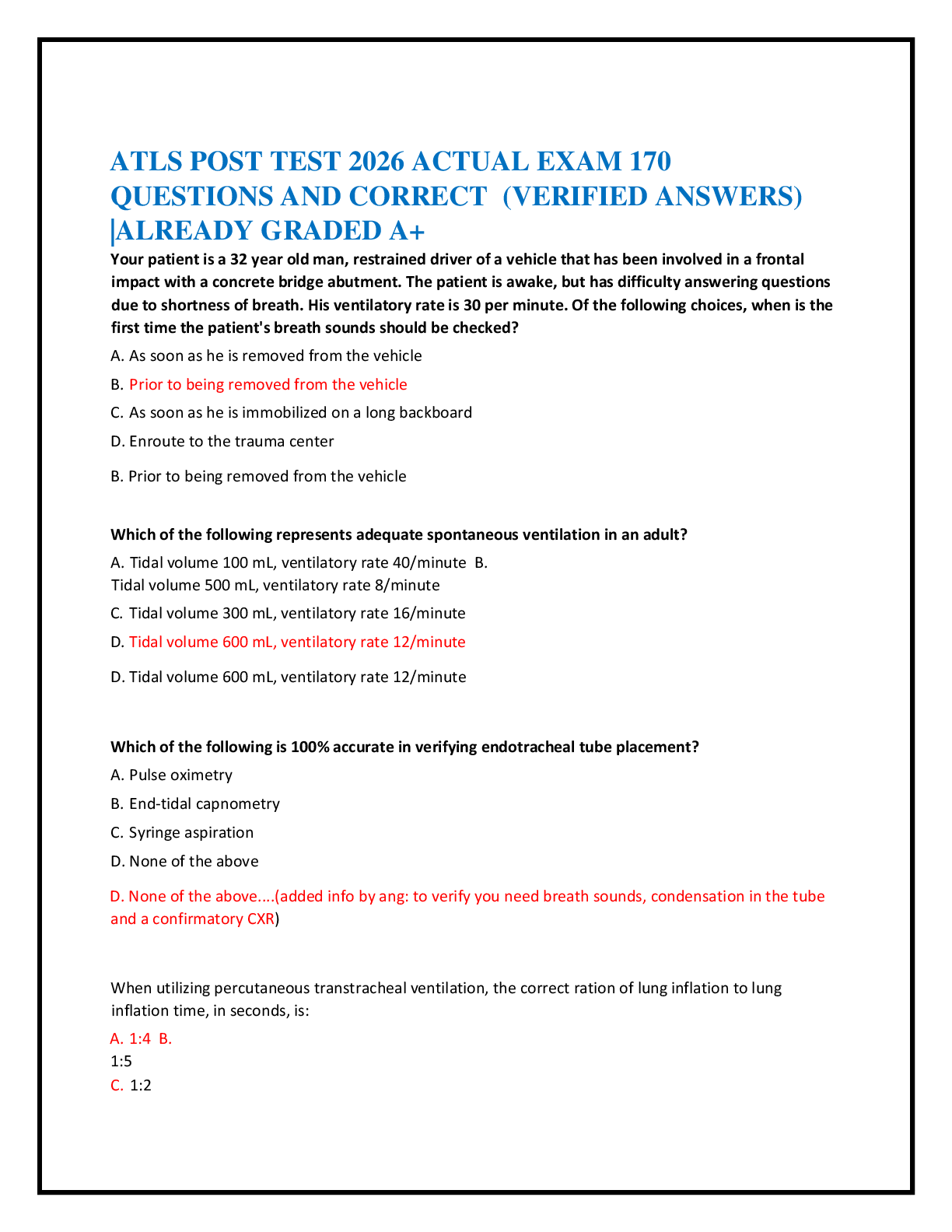 ATLS POST TEST 2026 ACTUAL EXAM 170    QUESTIONS AND CORRECT  (VERIFIED ANSWERS)    |ALREADY GRADED A+