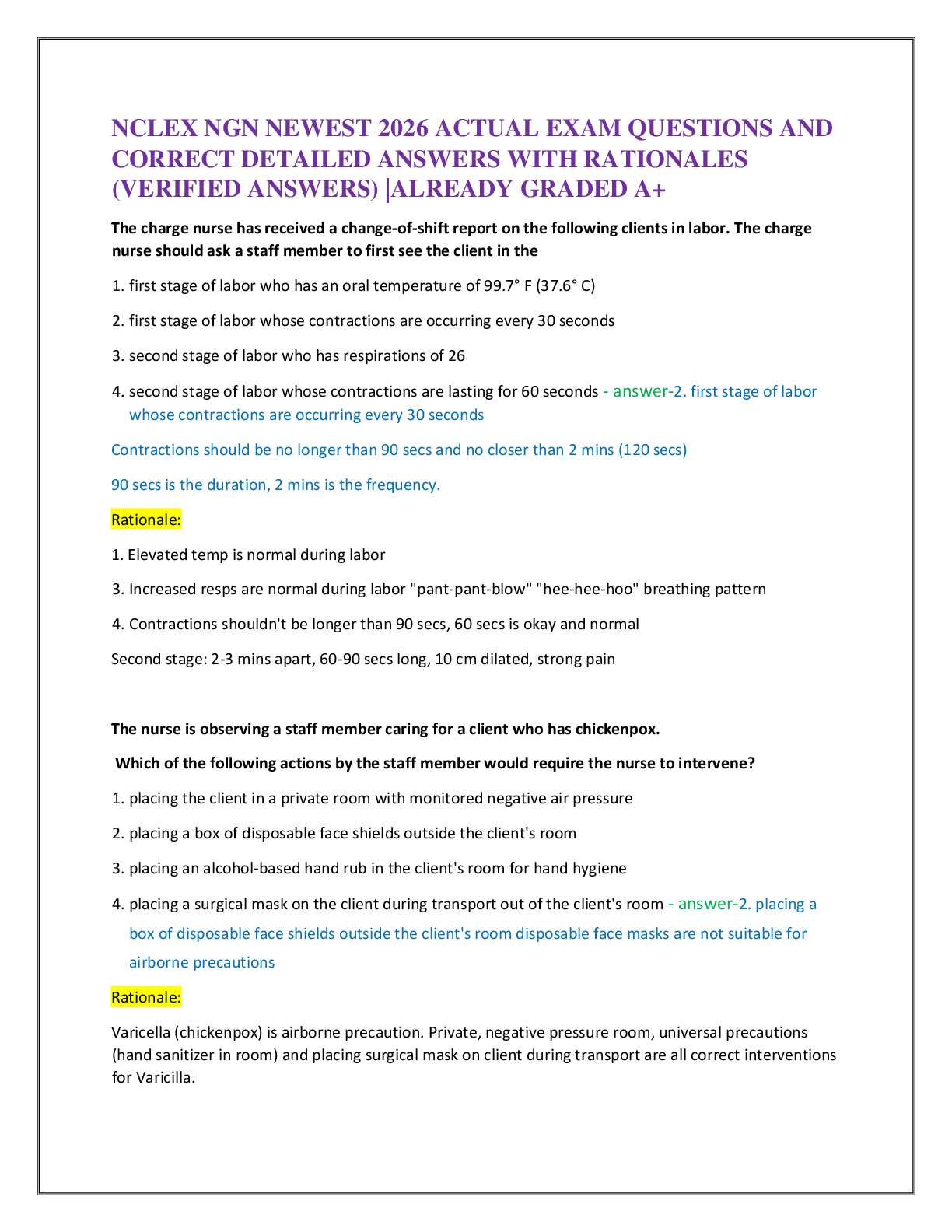 Recommended document preview for NCLEX NGN NEWEST 2026 ACTUAL EXAM QUESTIONS AND   CORRECT DETAILED ANSWERS WITH RATIONALES  (VERIFIED ANSWERS) |ALREADY GRADED A+
