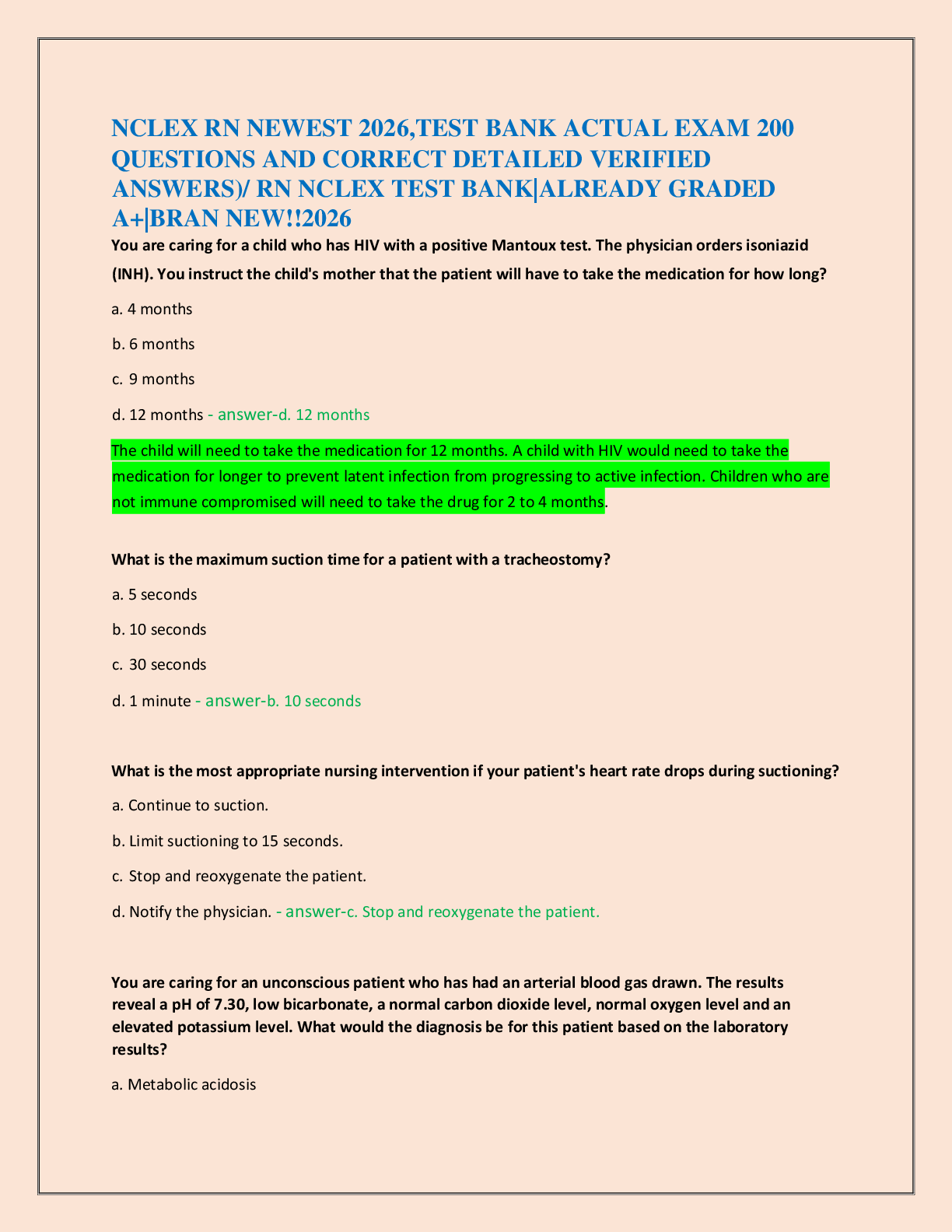 Recommended document preview for NCLEX RN NEWEST 2026,TEST BANK ACTUAL EXAM 200   QUESTIONS AND CORRECT DETAILED VERIFIED  ANSWERS)/ RN NCLEX TEST BANK|ALREADY GRADED  A+|BRAN NEW!!2026