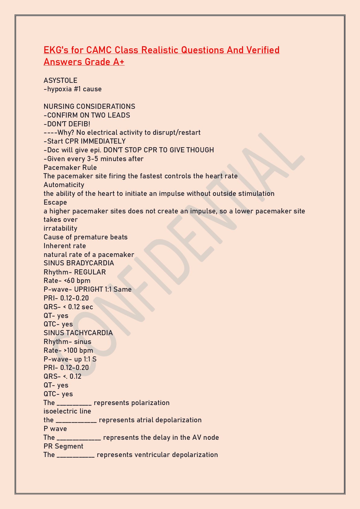 Preview of EKG's for CAMC Class Realistic Questions And Verified Answers Grade A+