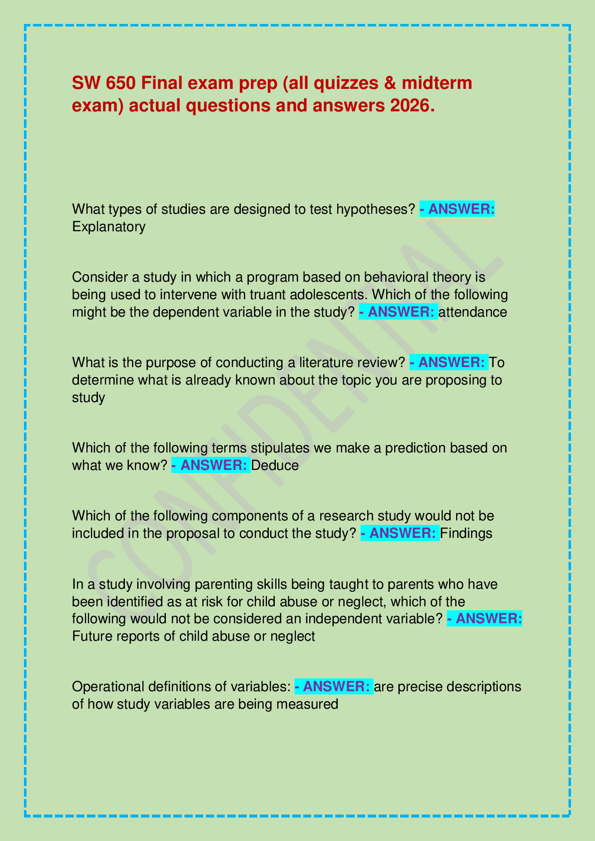 Recommended document preview for SW 650 Final exam prep (all quizzes & midterm exam) actual questions and answers 2026.