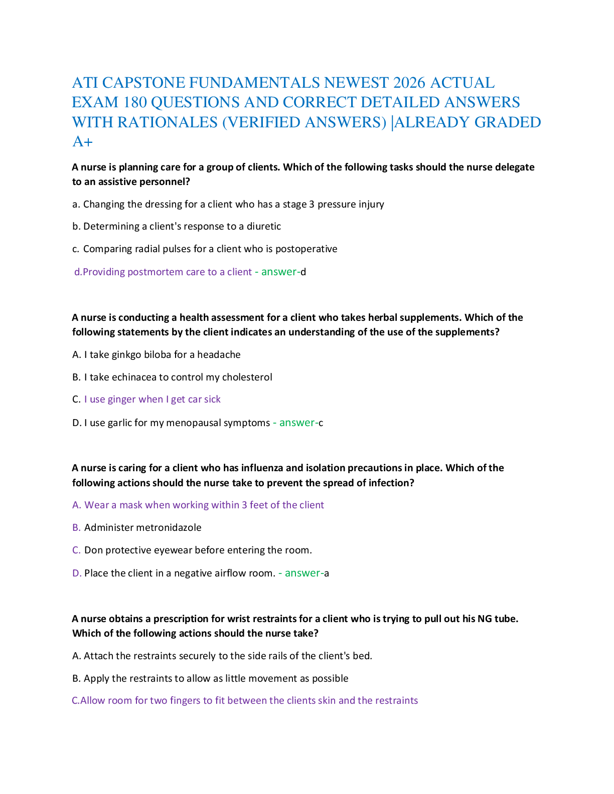ATI CAPSTONE FUNDAMENTALS NEWEST 2026 ACTUAL   EXAM 180 QUESTIONS AND CORRECT DETAILED ANSWERS   WITH RATIONALES (VERIFIED ANSWERS) |ALREADY GRADED  A+