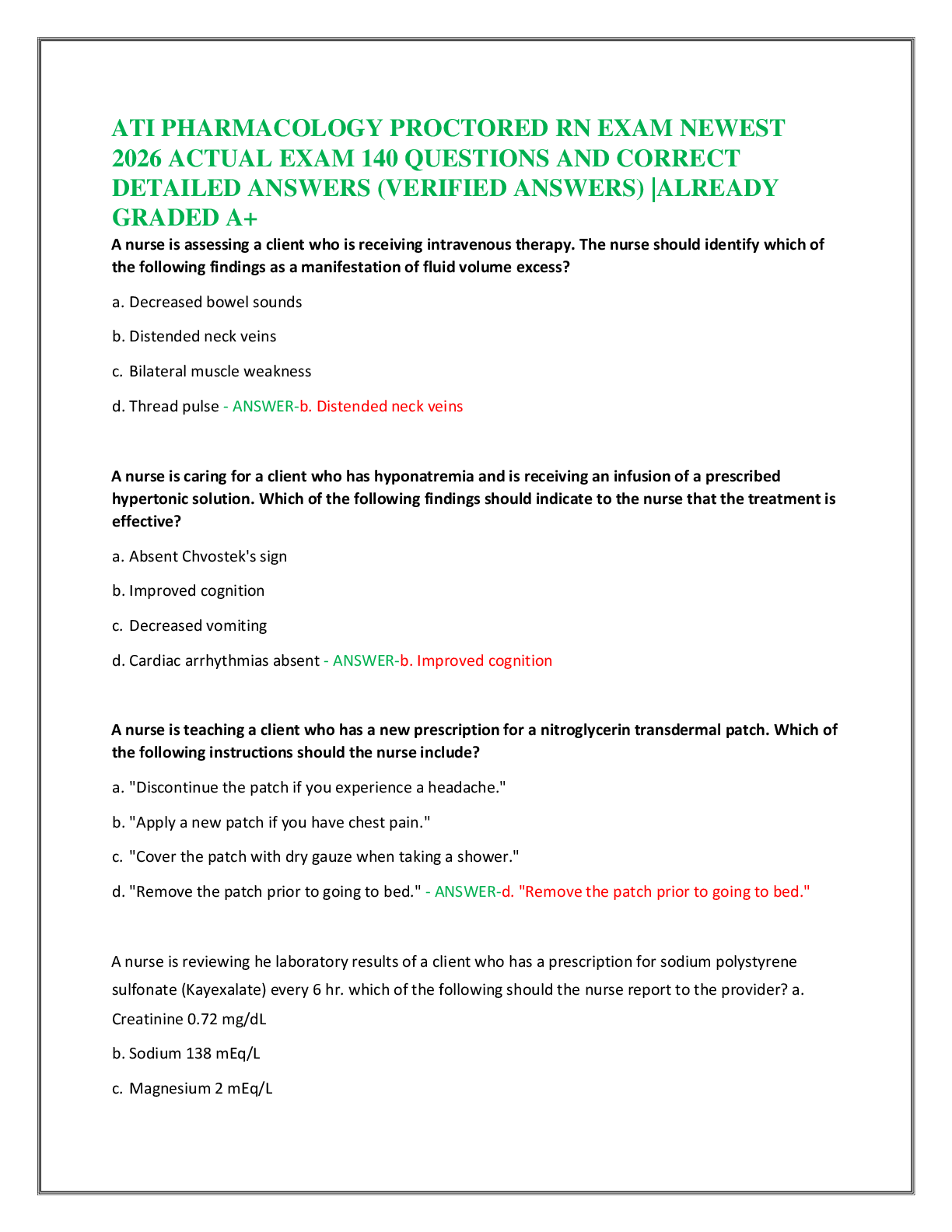 Recommended document preview for ATI PHARMACOLOGY PROCTORED RN EXAM NEWEST  2026 ACTUAL EXAM 140 QUESTIONS AND CORRECT  DETAILED ANSWERS (VERIFIED ANSWERS) |ALREADY  GRADED A+