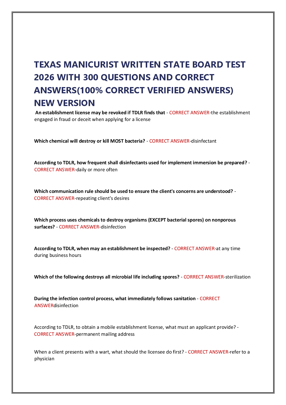 Recommended document preview for TEXAS MANICURIST WRITTEN STATE BOARD TEST    2026 WITH 300 QUESTIONS AND CORRECT    ANSWERS(100% CORRECT VERIFIED ANSWERS)    NEW VERSION