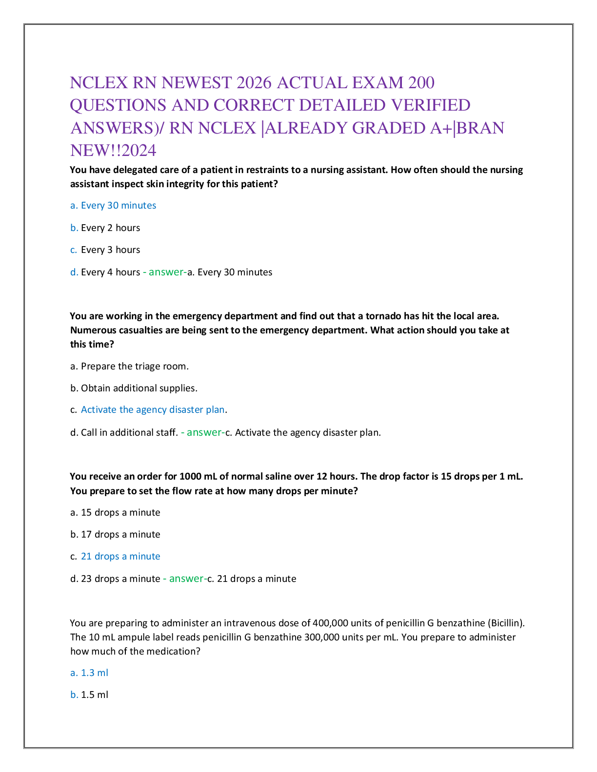 Recommended document preview for NCLEX RN NEWEST 2026 ACTUAL EXAM 200   QUESTIONS AND CORRECT DETAILED VERIFIED  ANSWERS)/ RN NCLEX |ALREADY GRADED A+|BRAN  NEW!!
