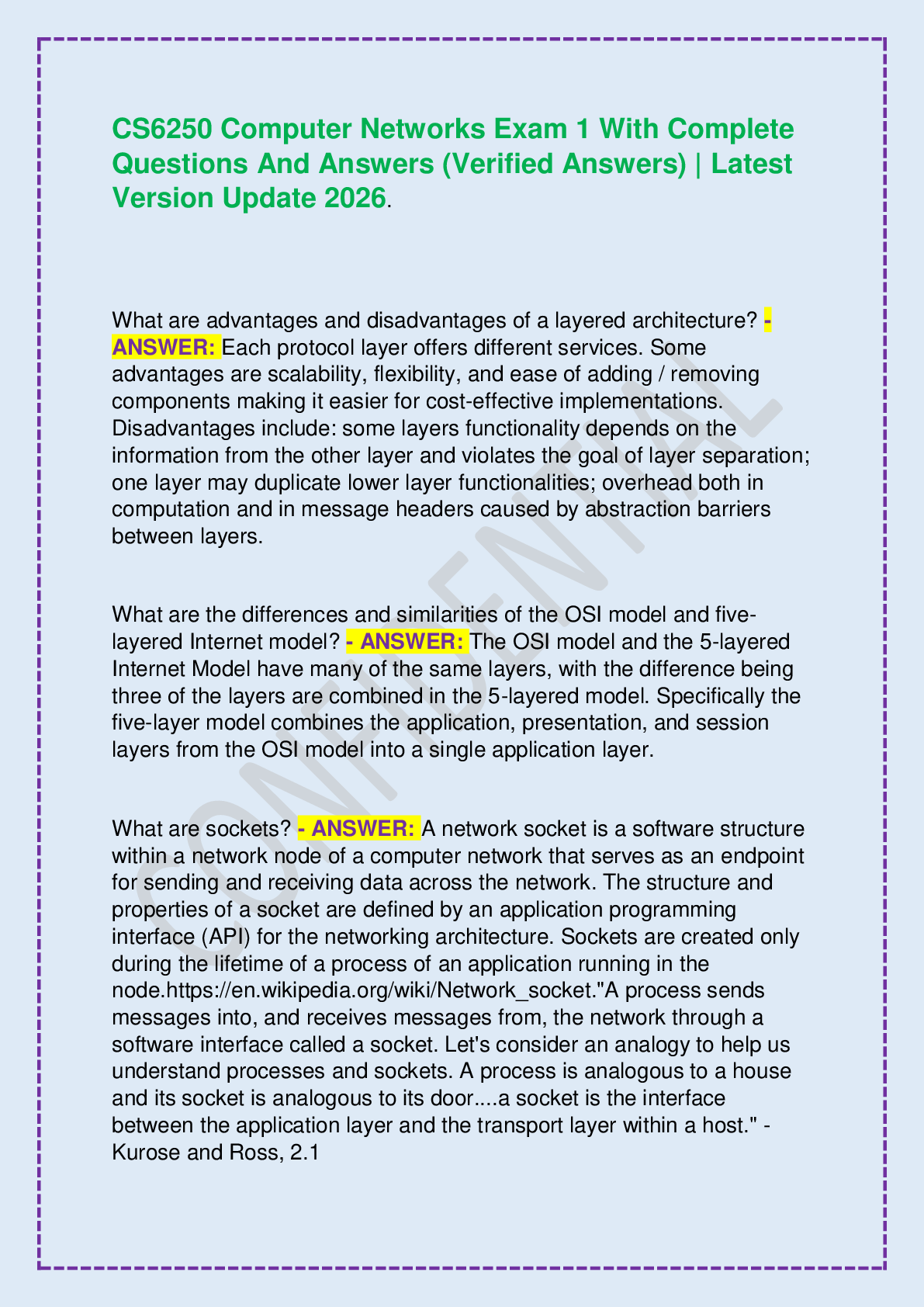 Recommended document preview for CS6250 Computer Networks Exam 1 With Complete Questions And Answers (Verified Answers) | Latest Version Update 2026.
