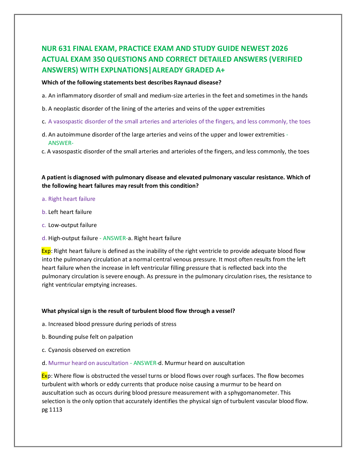 Recommended document preview for NUR 631 FINAL EXAM, PRACTICE EXAM AND STUDY GUIDE NEWEST 2026   ACTUAL EXAM 350 QUESTIONS AND CORRECT DETAILED ANSWERS (VERIFIED  ANSWERS) WITH EXPLNATIONS|ALREADY GRADED A+