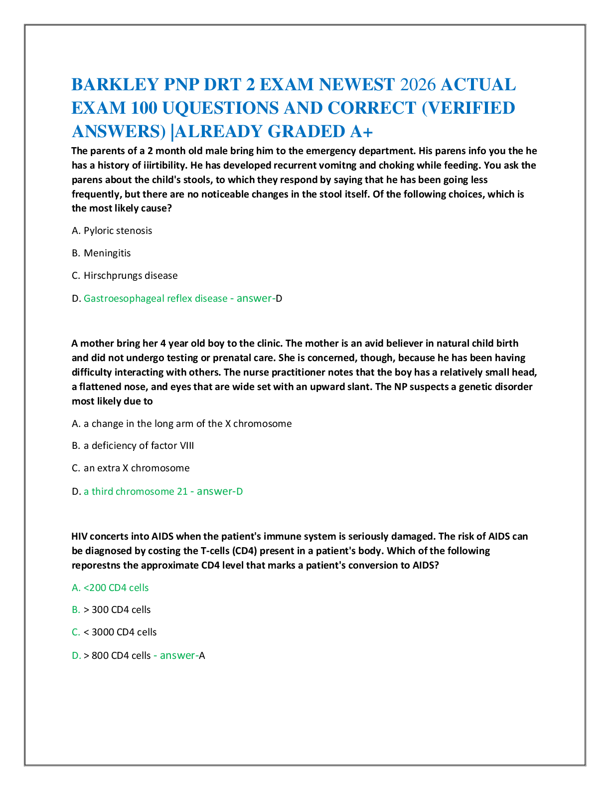 Recommended document preview for BARKLEY PNP DRT 2 EXAM NEWEST 2026 ACTUAL   EXAM 100 UQUESTIONS AND CORRECT (VERIFIED  ANSWERS) |ALREADY GRADED A+