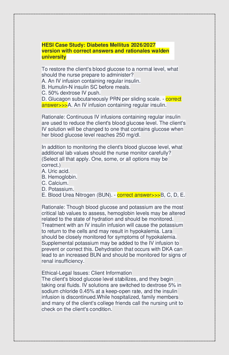 Recommended document preview for HESI Case Study: Diabetes Mellitus 2026/2027 version with correct answers and rationales walden university
