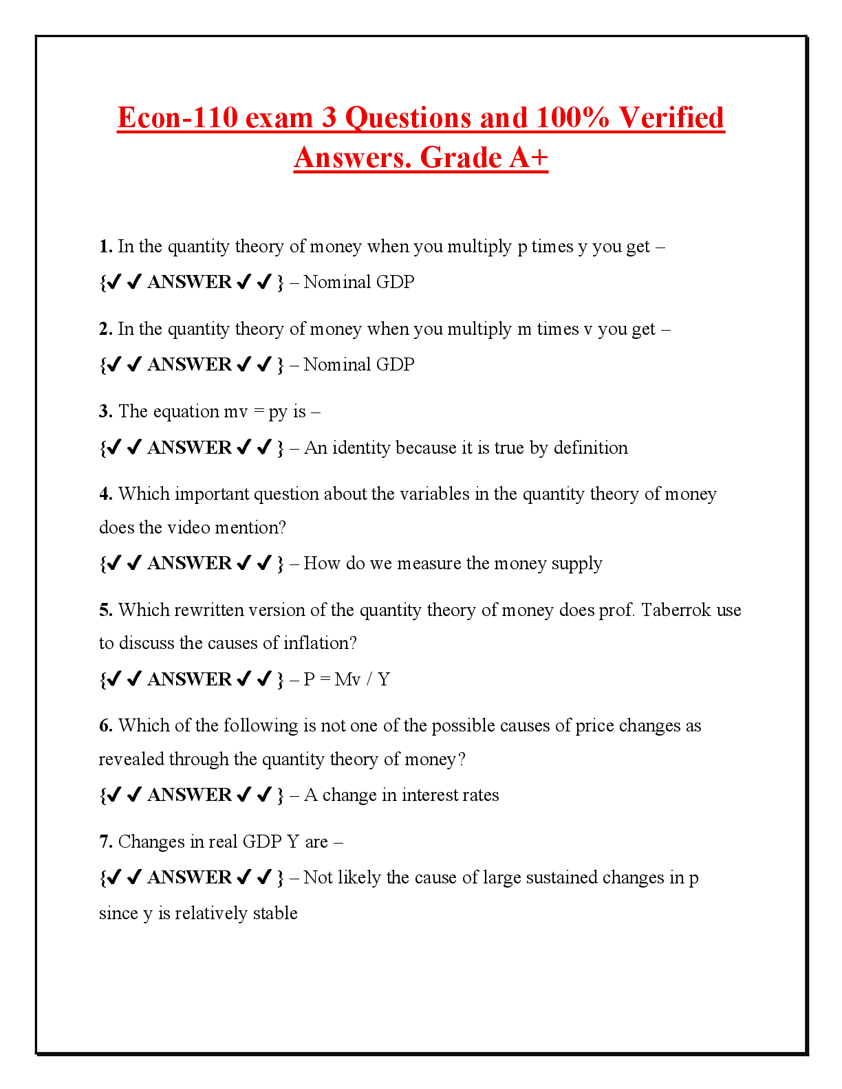 Recommended document preview for Econ-110 exam 3 Questions and 100% Verified Answers. Grade A+