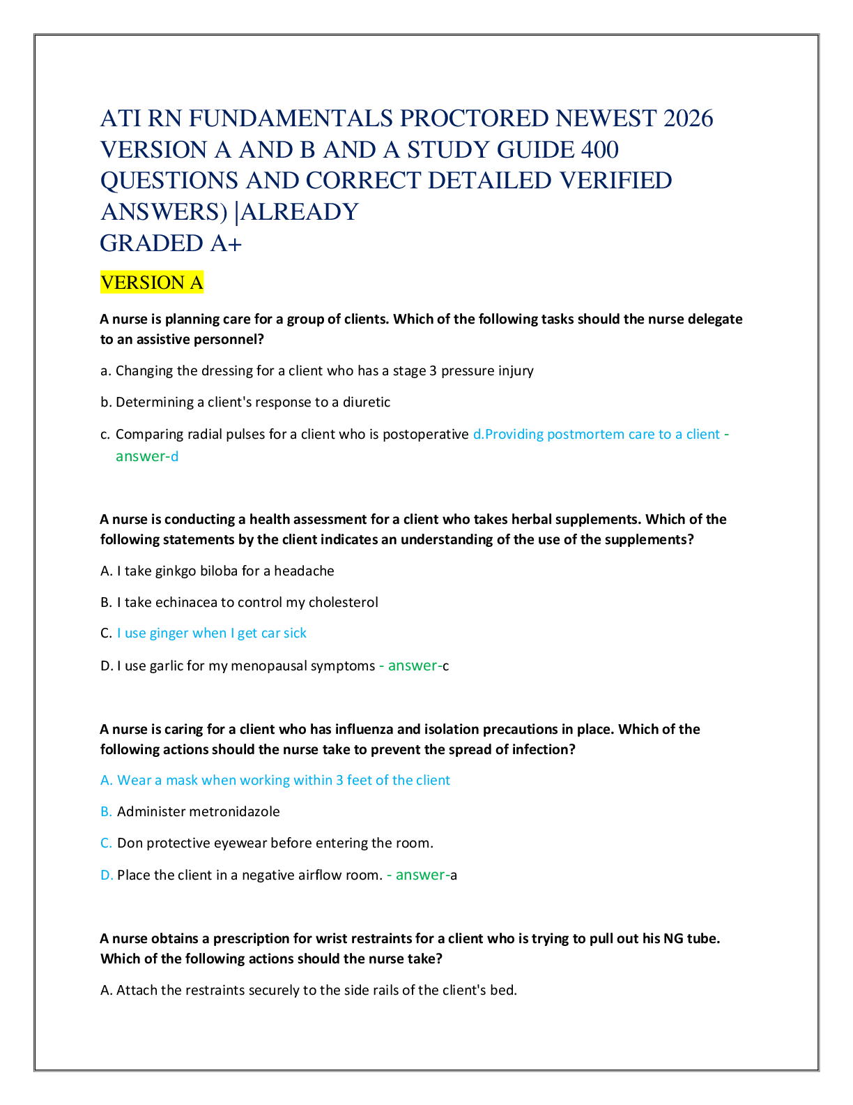 Recommended document preview for ATI RN FUNDAMENTALS PROCTORED NEWEST 2026   VERSION A AND B AND A STUDY GUIDE 400  QUESTIONS AND CORRECT DETAILED VERIFIED  ANSWERS) |ALREADY   GRADED A+