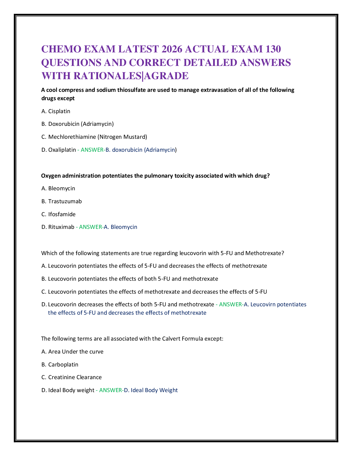 Recommended document preview for CHEMO EXAM LATEST 2026 ACTUAL EXAM 130   QUESTIONS AND CORRECT DETAILED ANSWERS  WITH RATIONALES|AGRADE