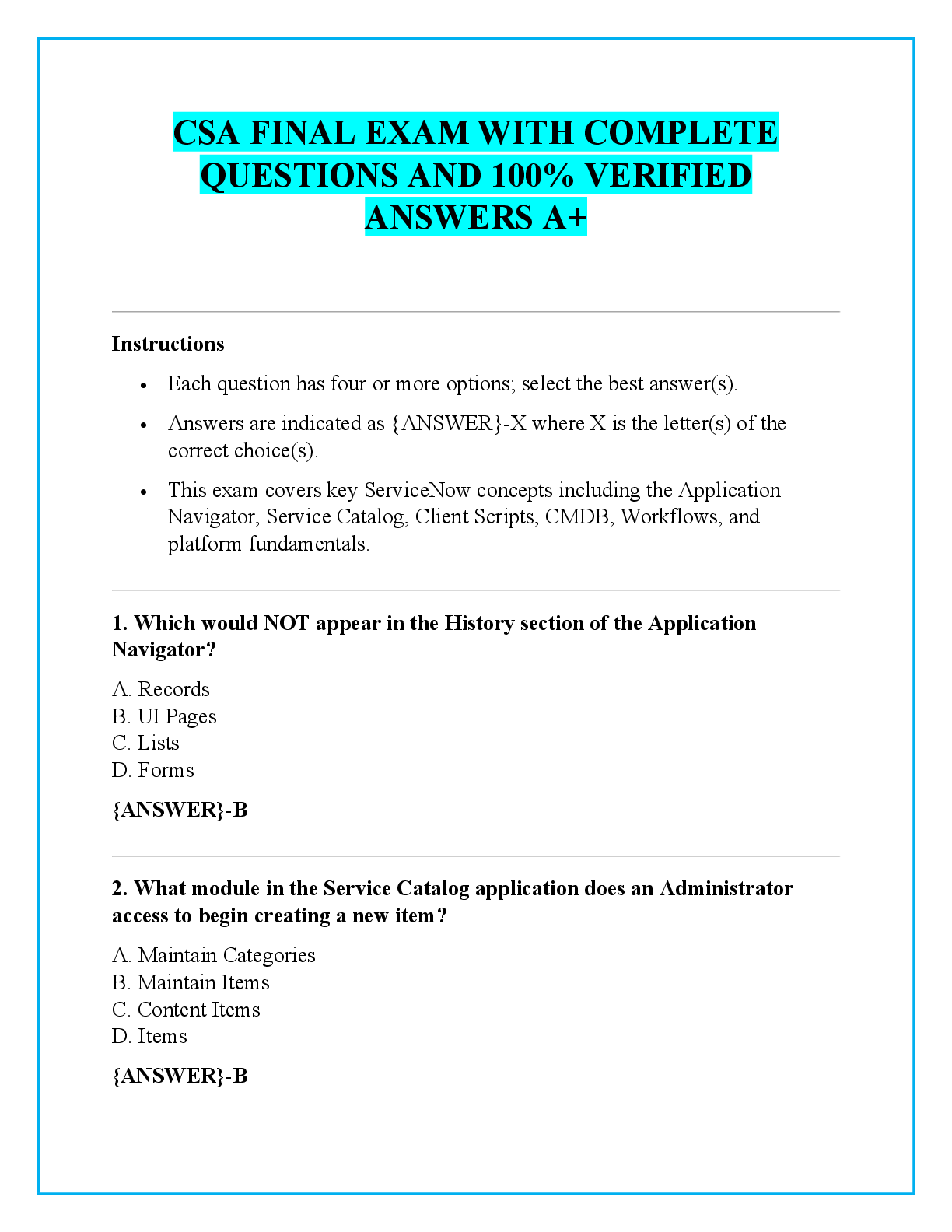 Recommended document preview for CSA FINAL EXAM WITH COMPLETE QUESTIONS AND 100% VERIFIED ANSWERS A+
