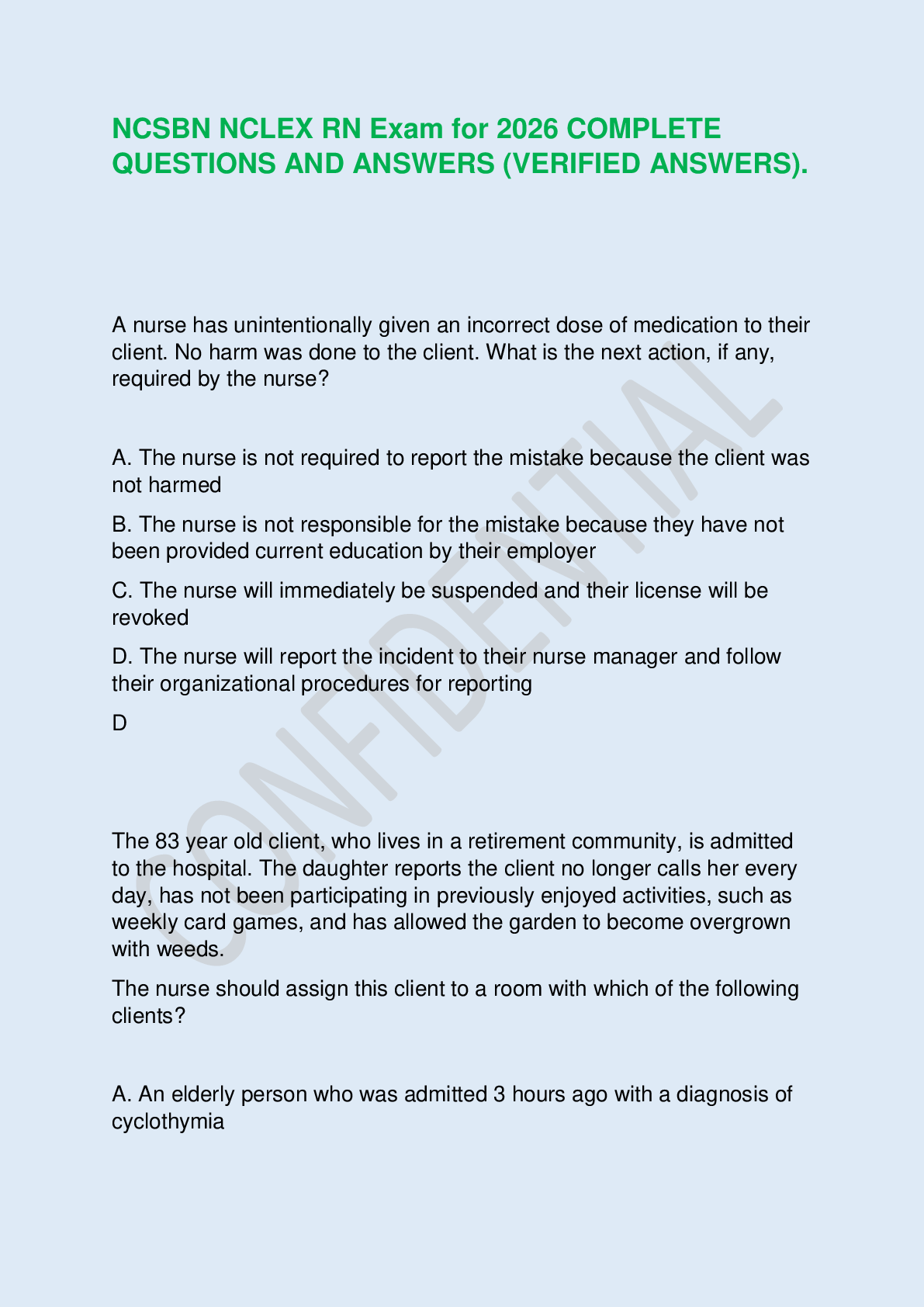 Recommended document preview for NCSBN NCLEX RN Exam for 2026 COMPLETE QUESTIONS AND ANSWERS (VERIFIED ANSWERS).